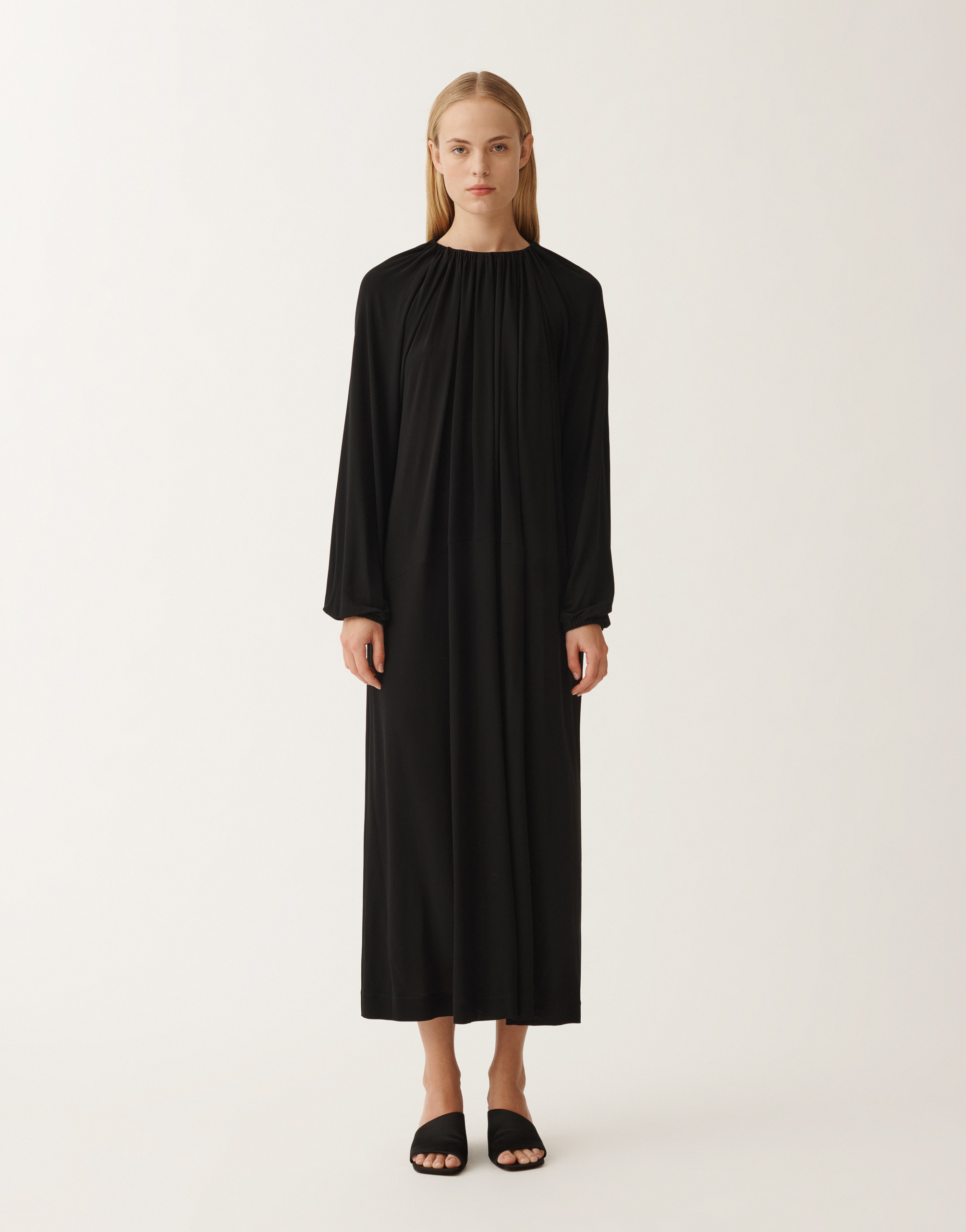 Fabiana Filippi Viscose Jersey Long Sleeve Dress With Draped Collar In Black