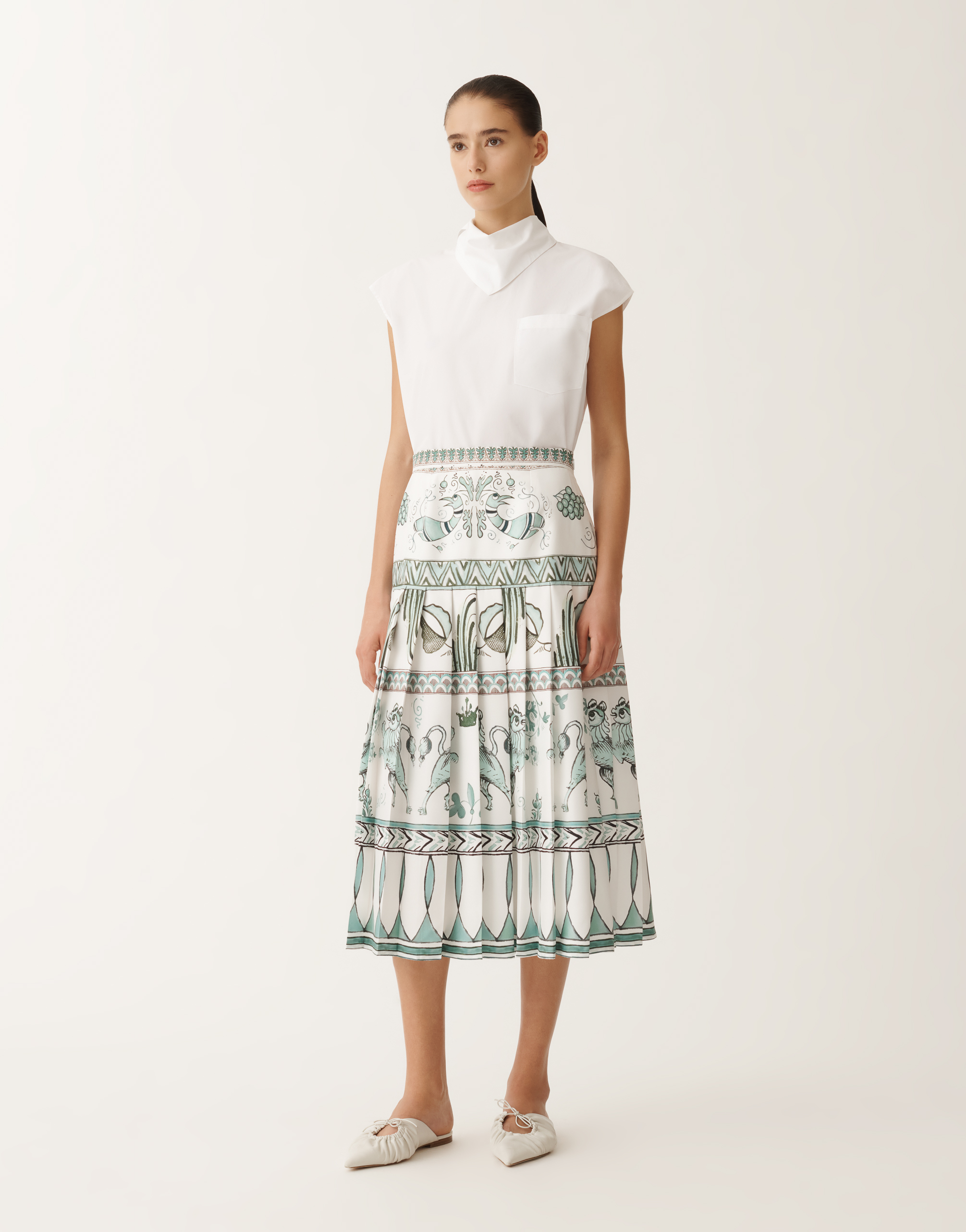 Shop Fabiana Filippi Silk Twill Skirt With Painted Print In White/turquoise/aquagreen
