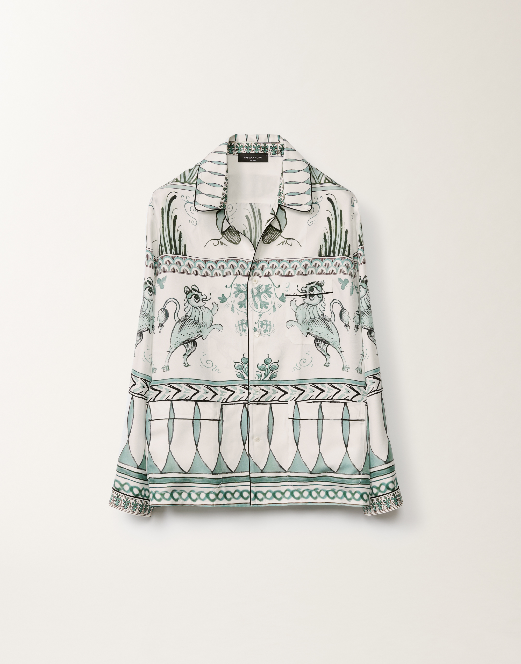 Fabiana Filippi Silk Twill Shirt With Painted Print In White/turquoise/aquagreen