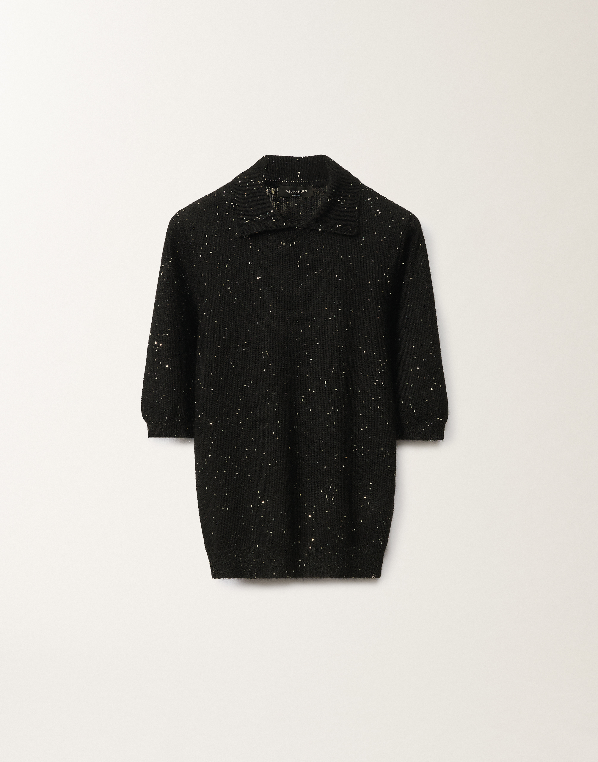 Fabiana Filippi Sequin Soft Mohair Short Sleeve Sweater With Polo Collar In Black