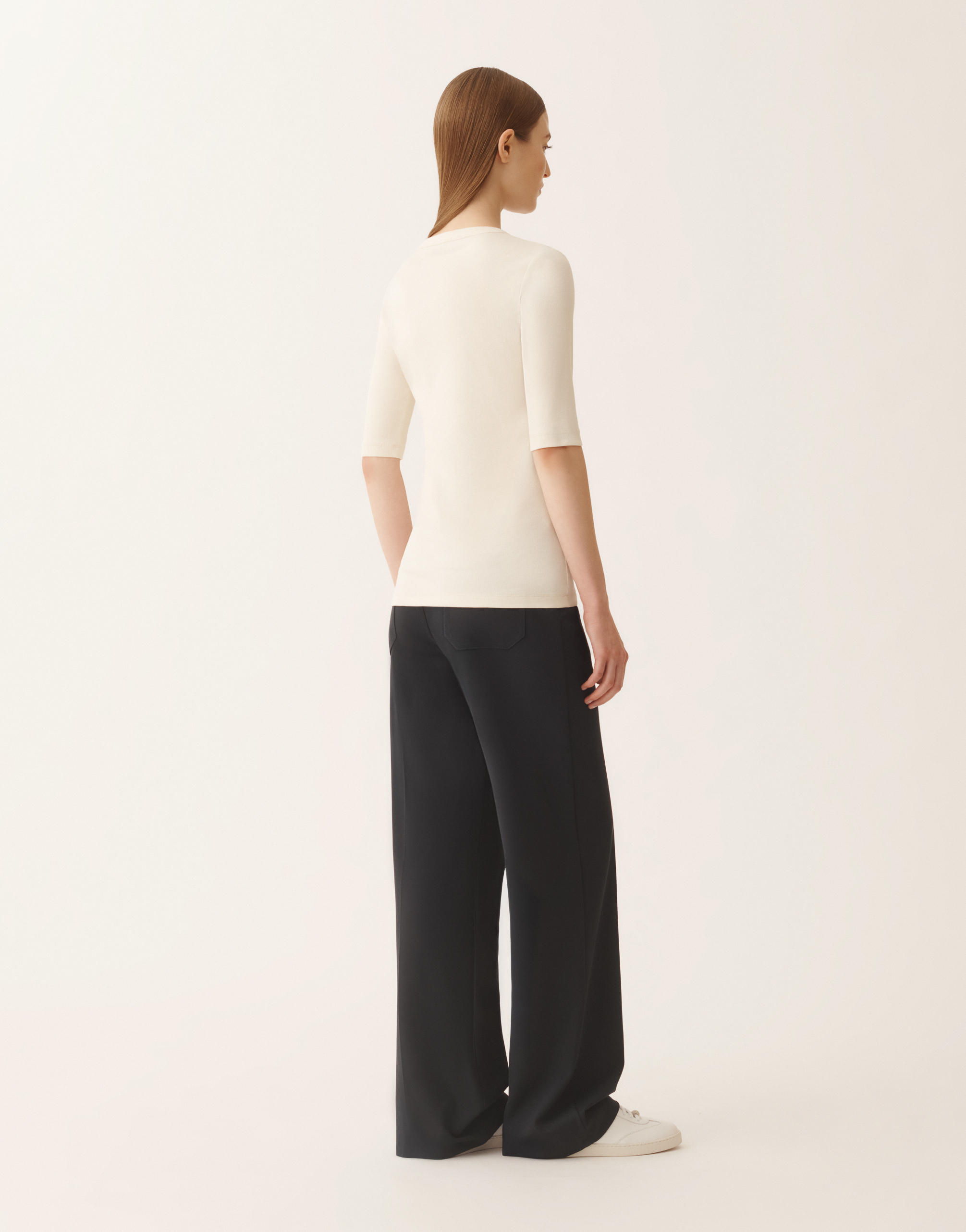 Fabiana Filippi Ribbed Cotton Jersey U Neck T-shirt Filo Diamante Detail In White