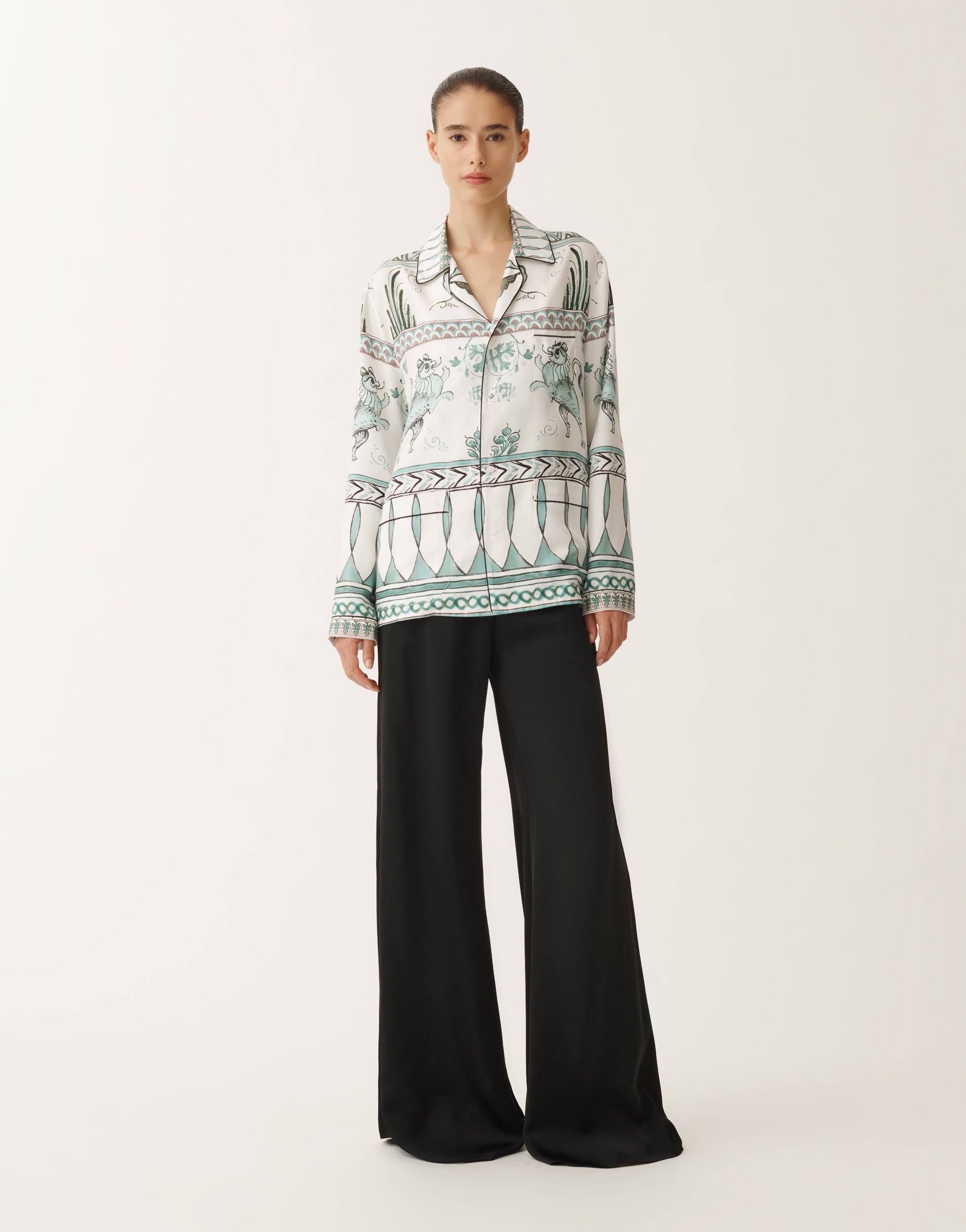 Fabiana Filippi Silk Twill Shirt With Painted Print In White/turquoise/aquagreen