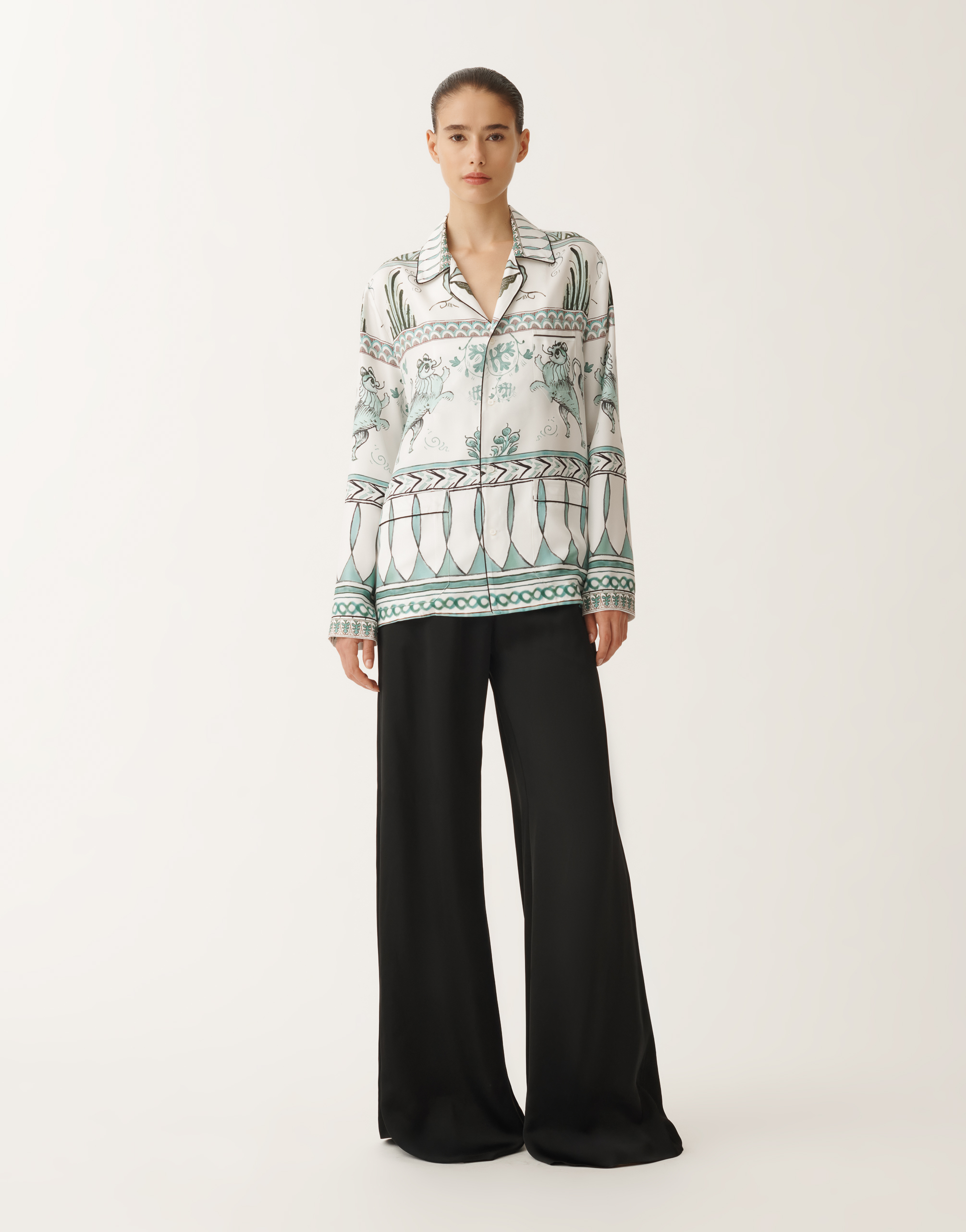 Fabiana Filippi Silk Twill Shirt With Painted Print In White/turquoise/aquagreen