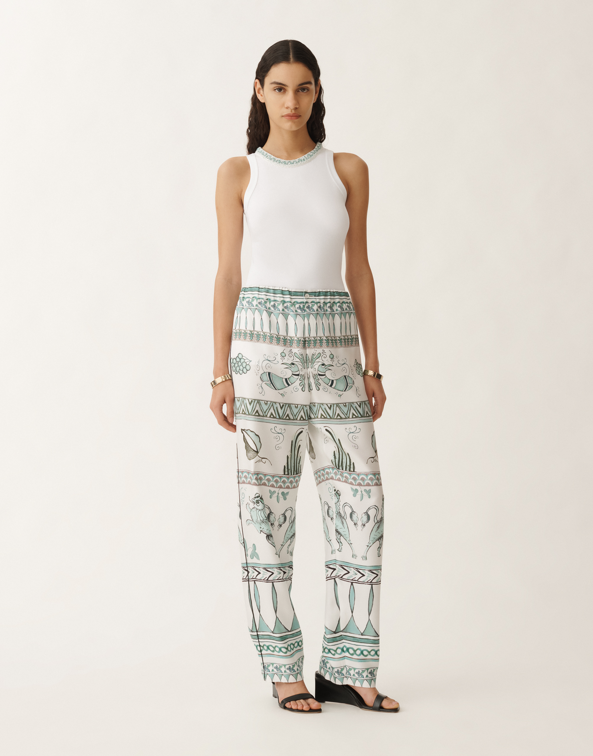 Fabiana Filippi Silk Twill Trousers With A Painted Print In White/turquoise/aquagreen