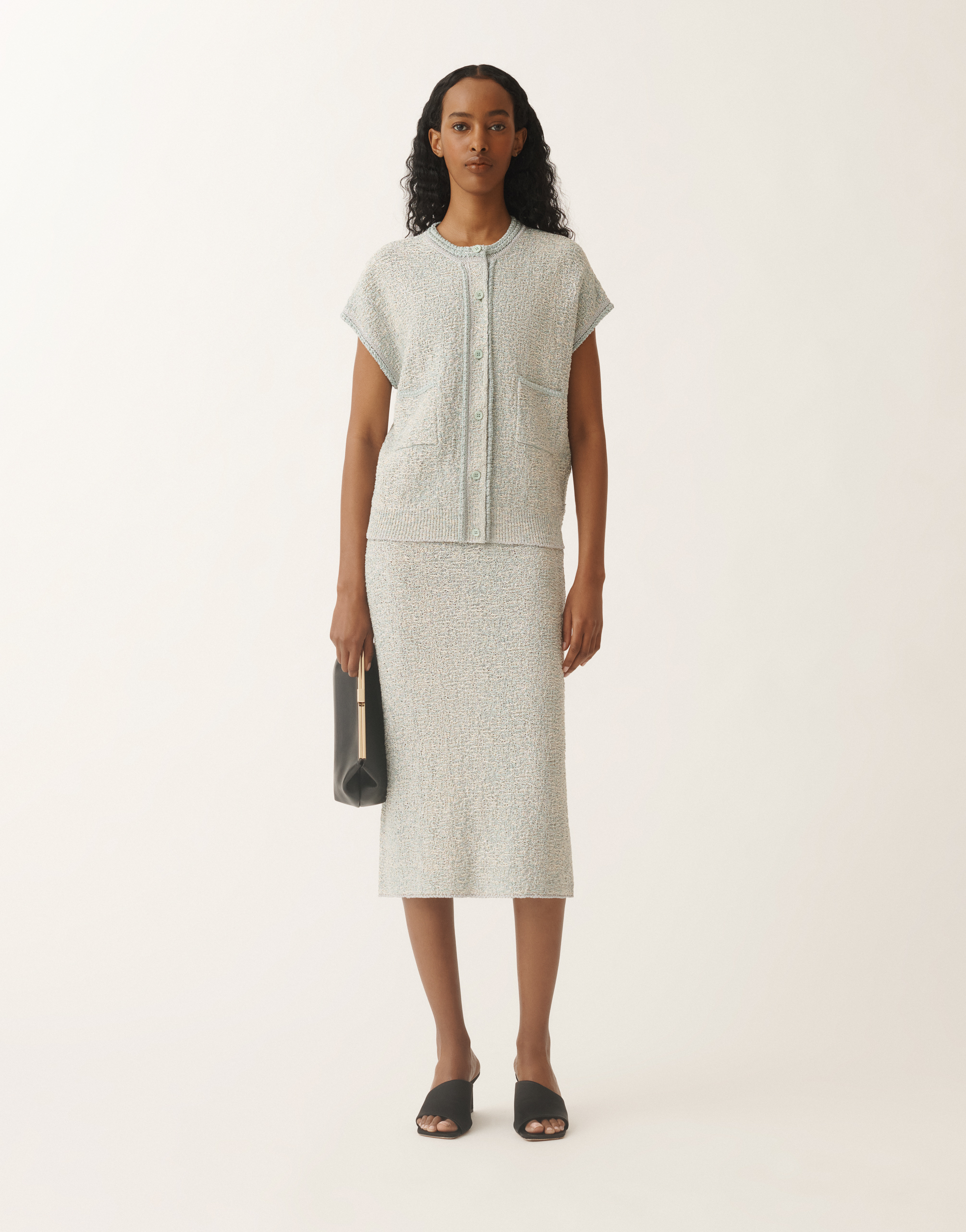 Shop Fabiana Filippi Lurex Knit Tweed Cardigan In Vanilla/aquagreen
