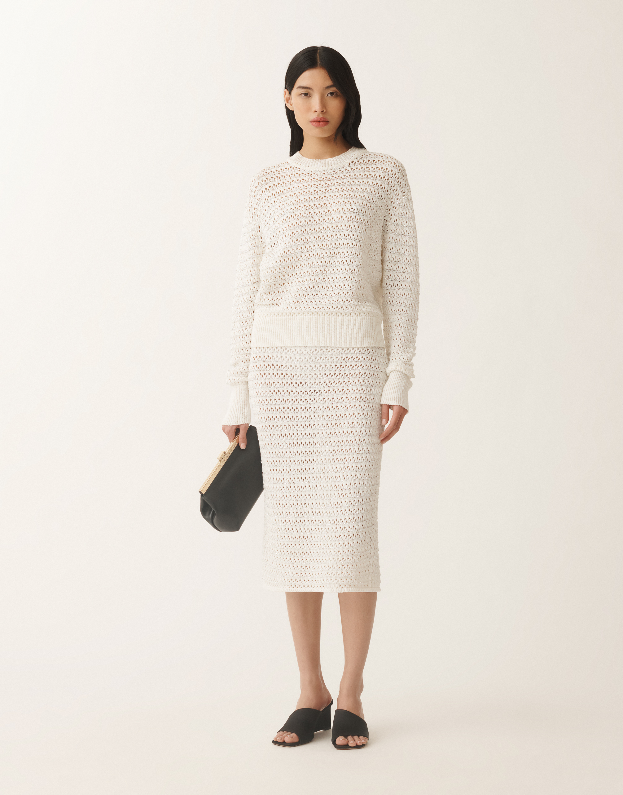 Fabiana Filippi Open-knit Crew Neck Long Sleeve Sweater In White