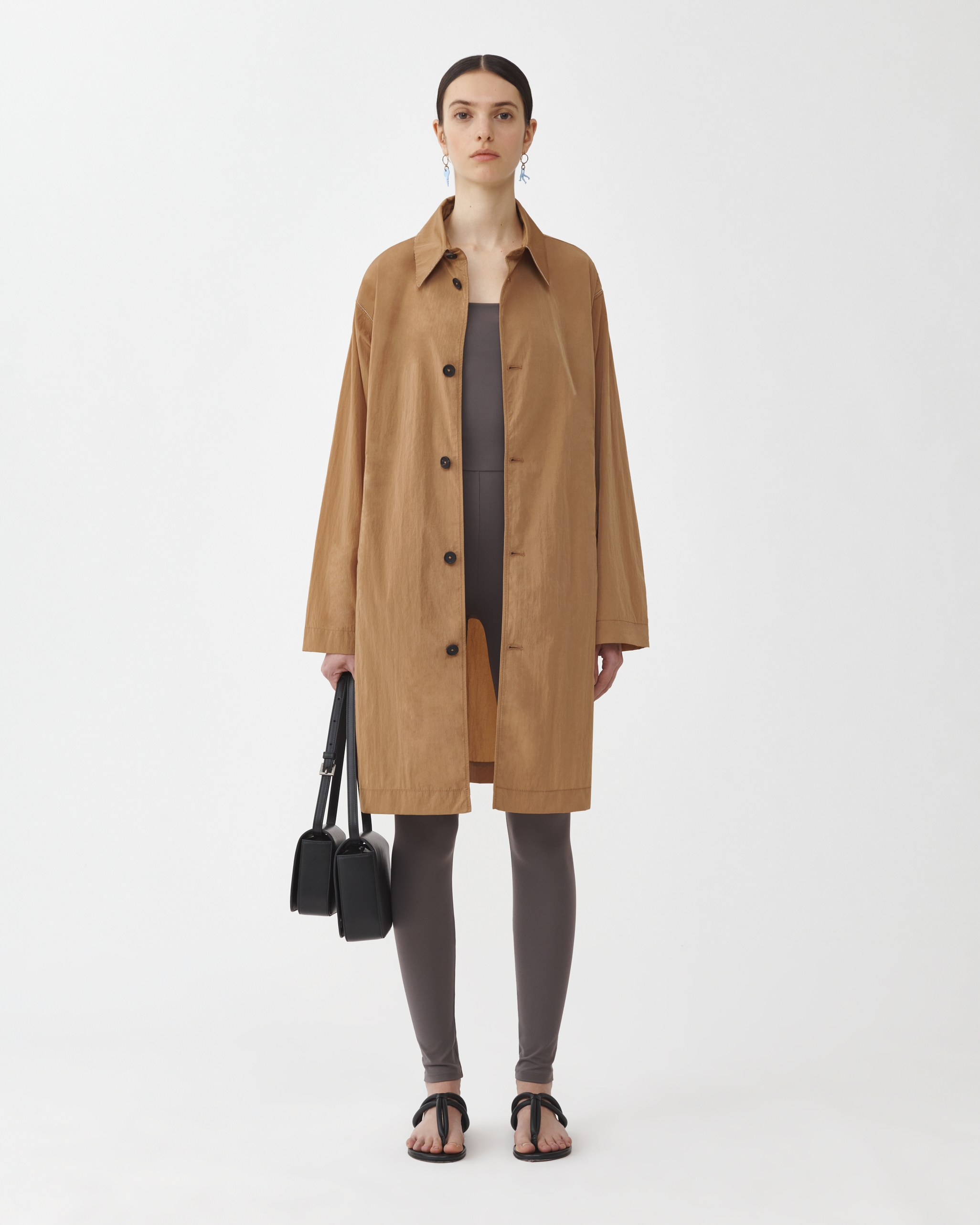 Shop Fabiana Filippi Long Trench With Shirt Collar And Filo Diamante In Desert