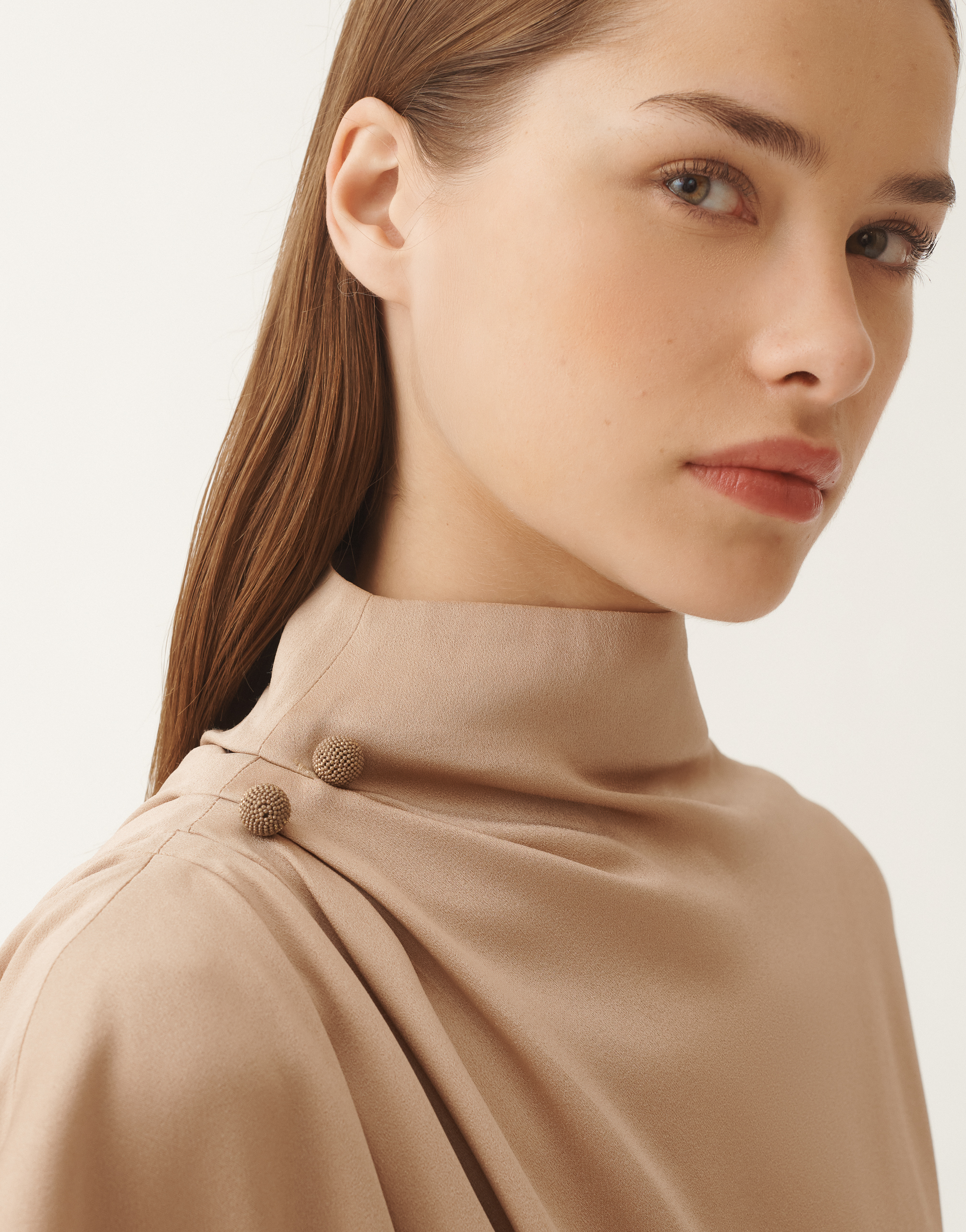Fabiana Filippi Draped Mock-neck Enver Satin Top In Brown