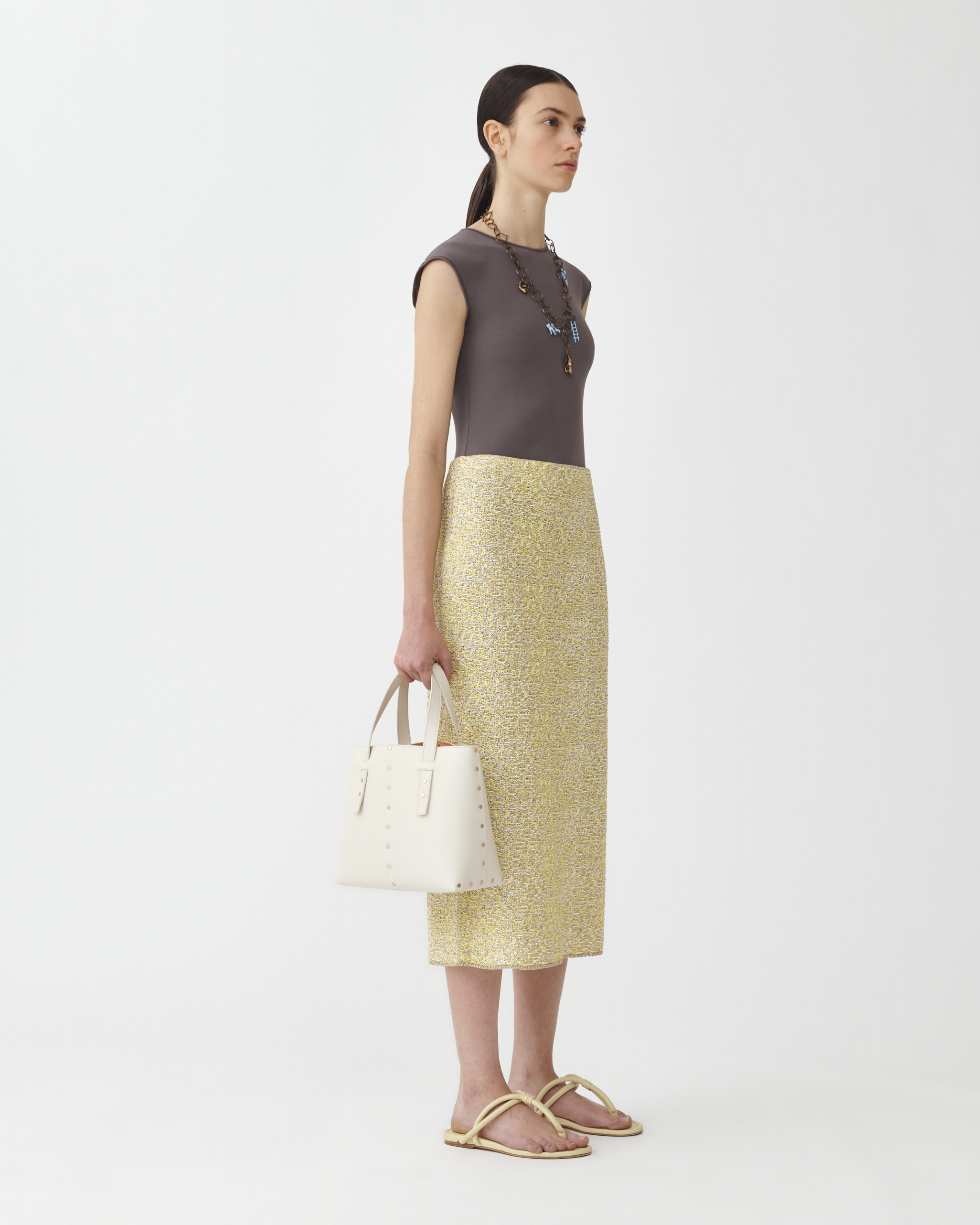 Shop Fabiana Filippi Tweed Effect Knit Pencil Skirt In White/sun/gold