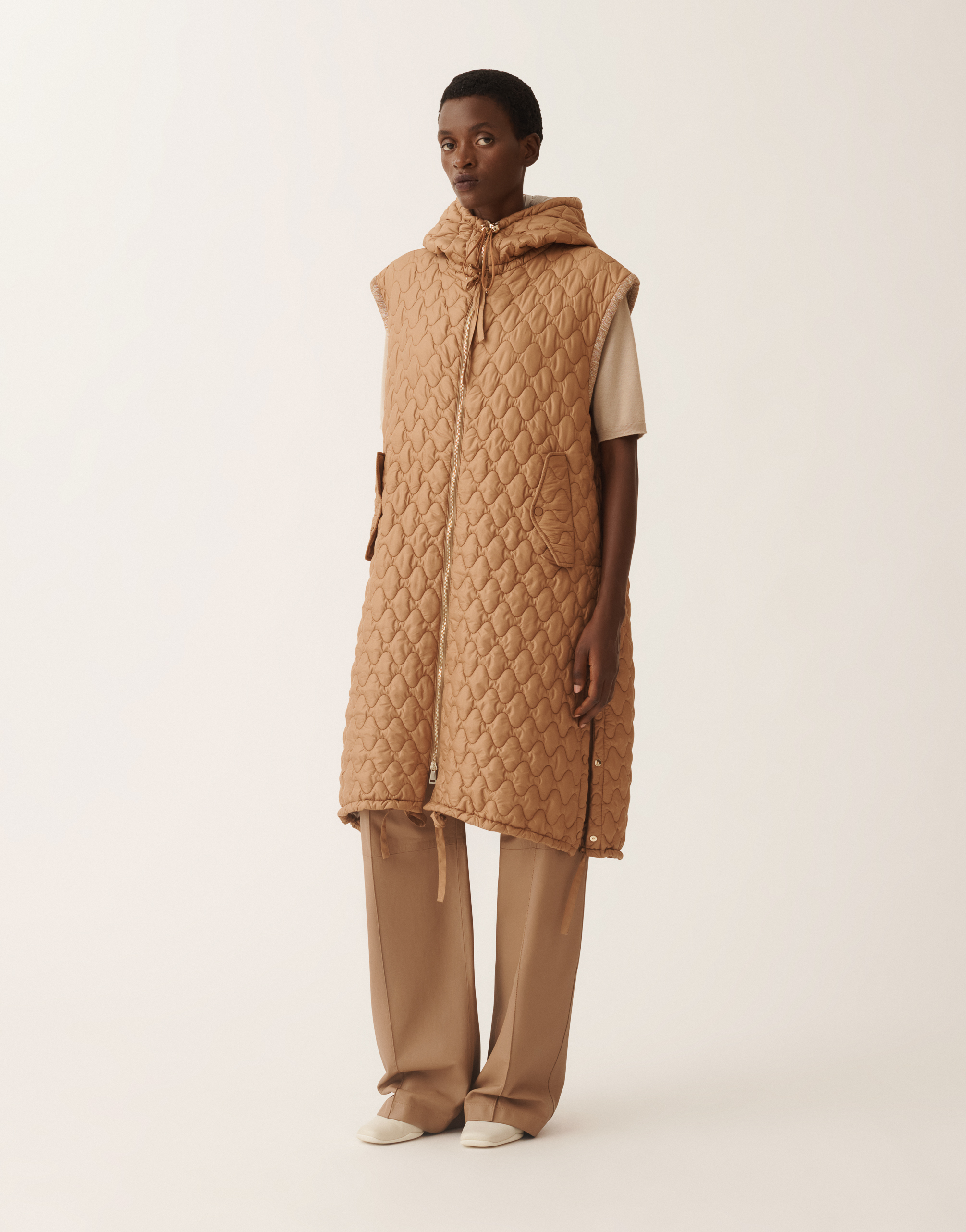 Fabiana Filippi Long Quilted Technical Gilet In Brown