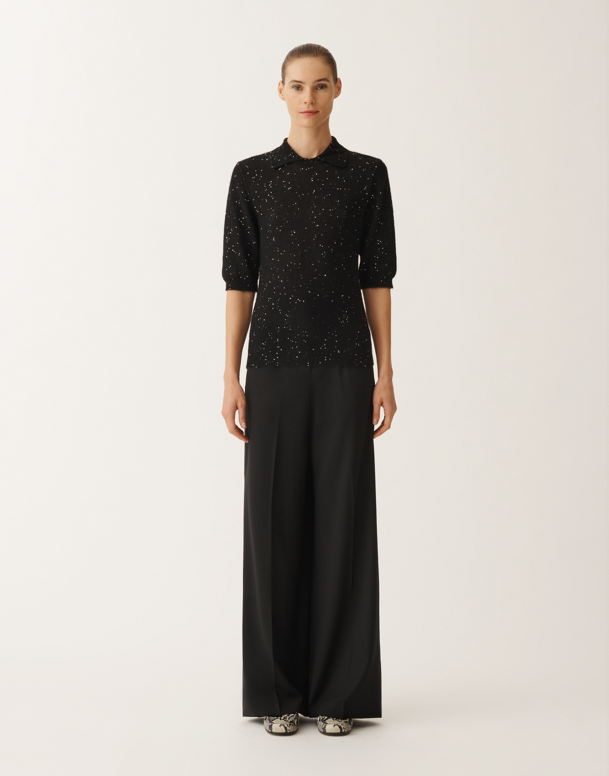 Fabiana Filippi Sequin Soft Mohair Short Sleeve Sweater With Polo Collar In Black
