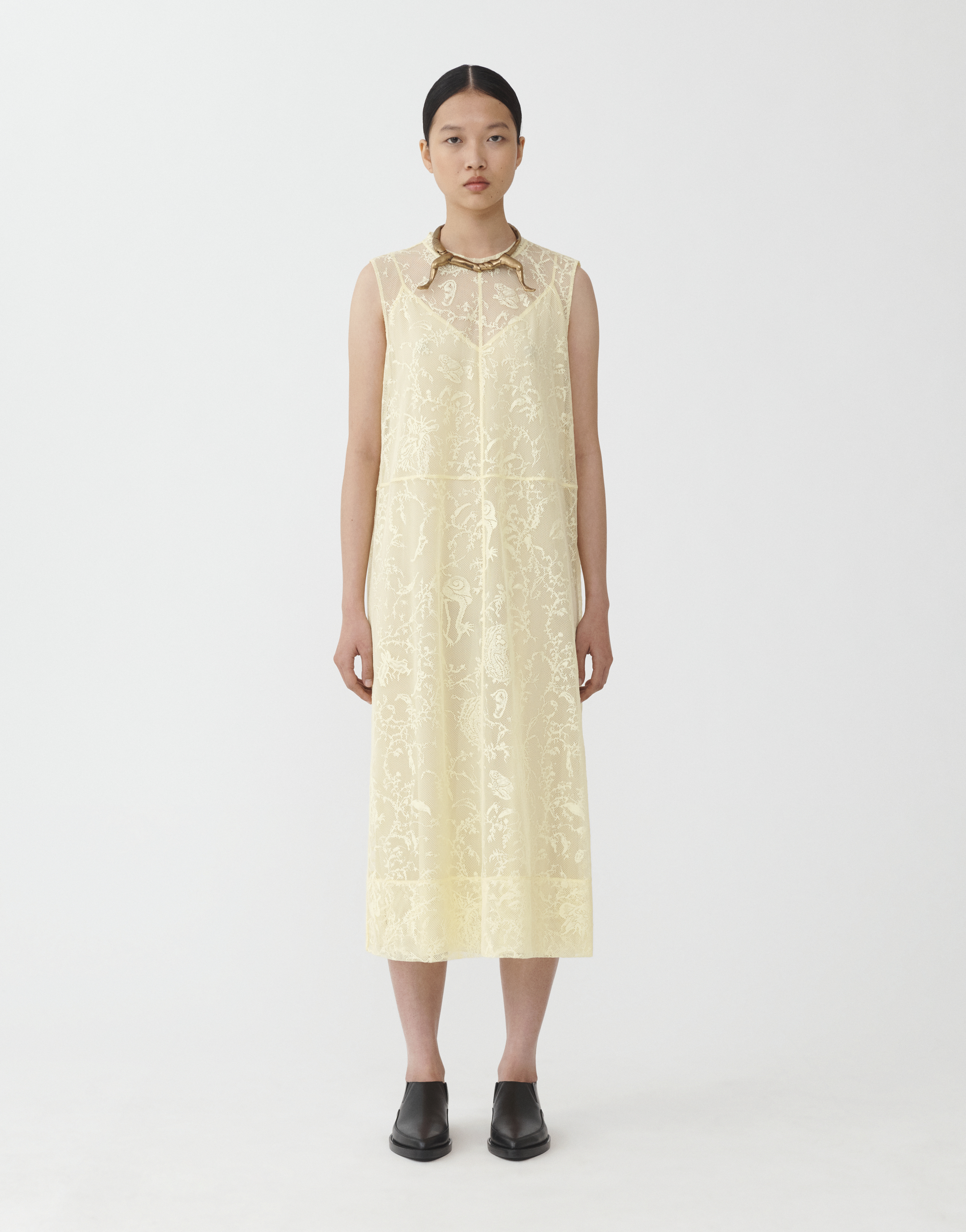 Shop Fabiana Filippi Jacquard Lace Crew Neck Sleeveless Dress In Yellow