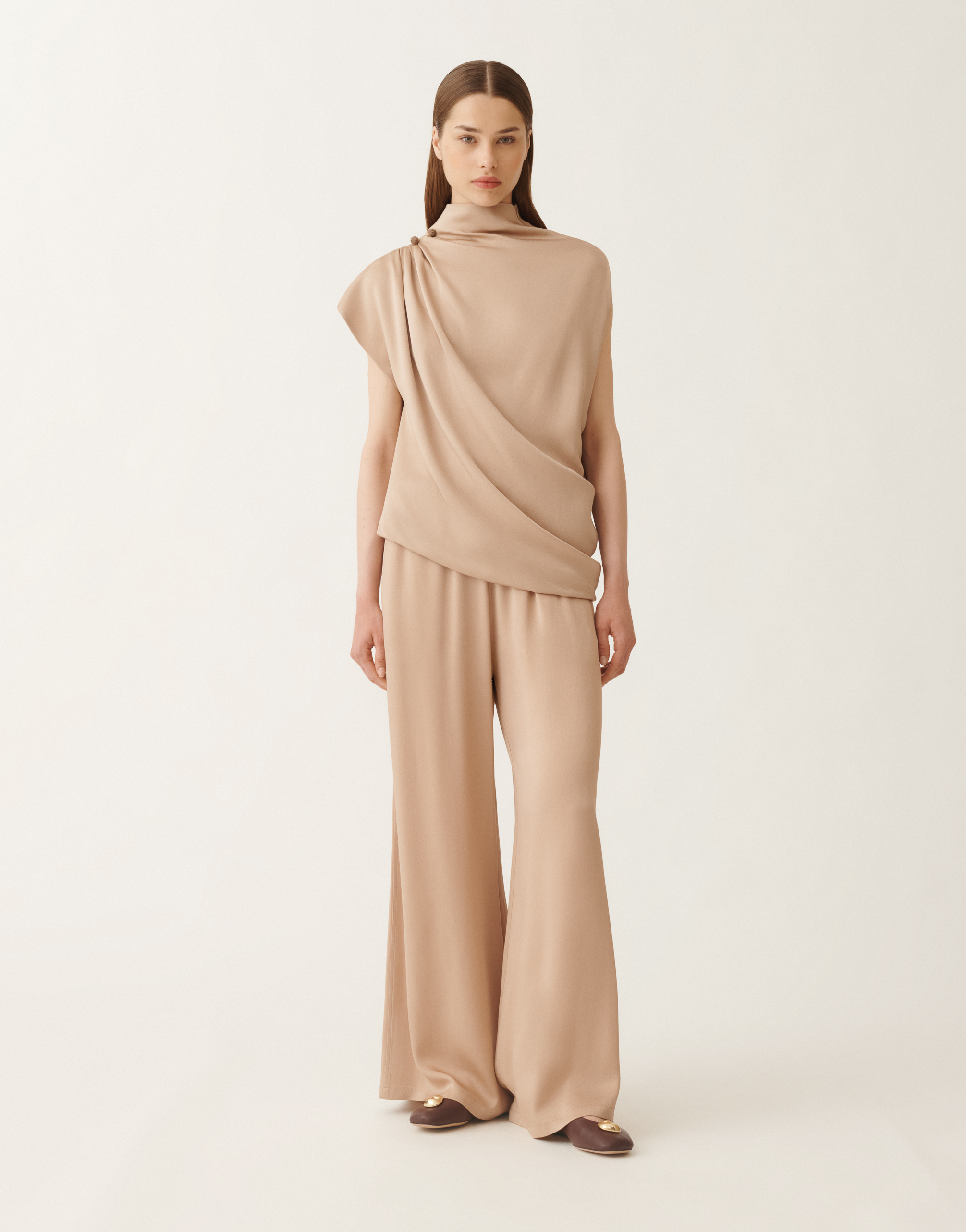Fabiana Filippi Draped Mock-neck Enver Satin Top In Brown