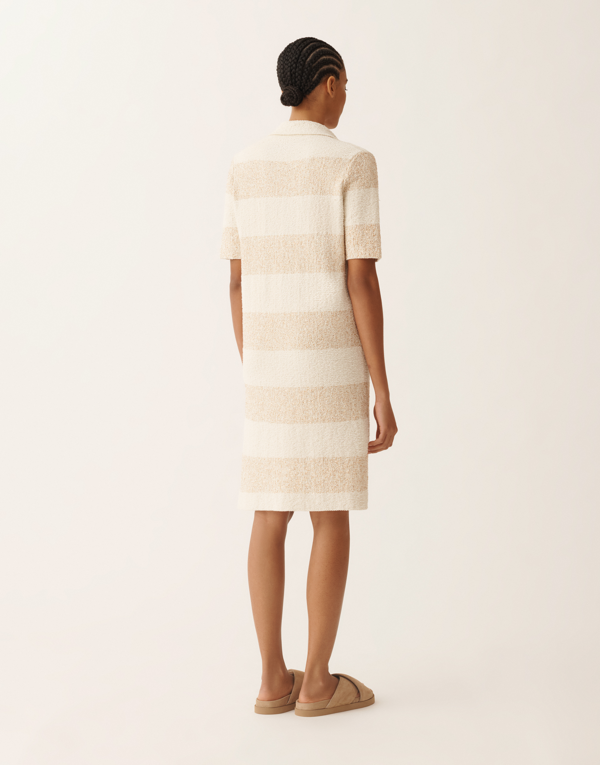 Fabiana Filippi Women Beige Stripes V Neck Midi Dress, Xl Luxury Dresses For Women Darveys In Brown
