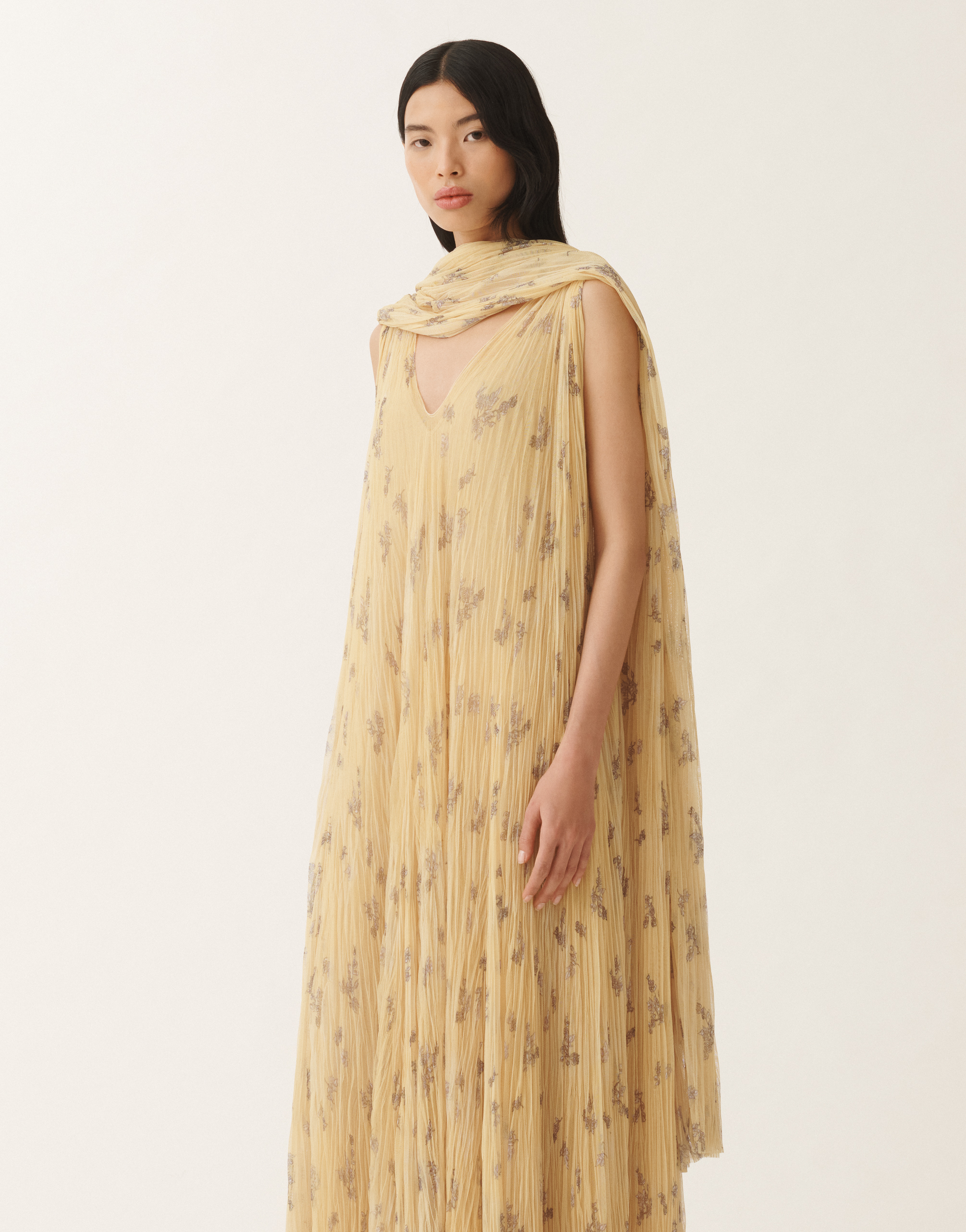 Shop Fabiana Filippi Pleated Tulle Maxi Scarf With Painted Botanical Print In Canary