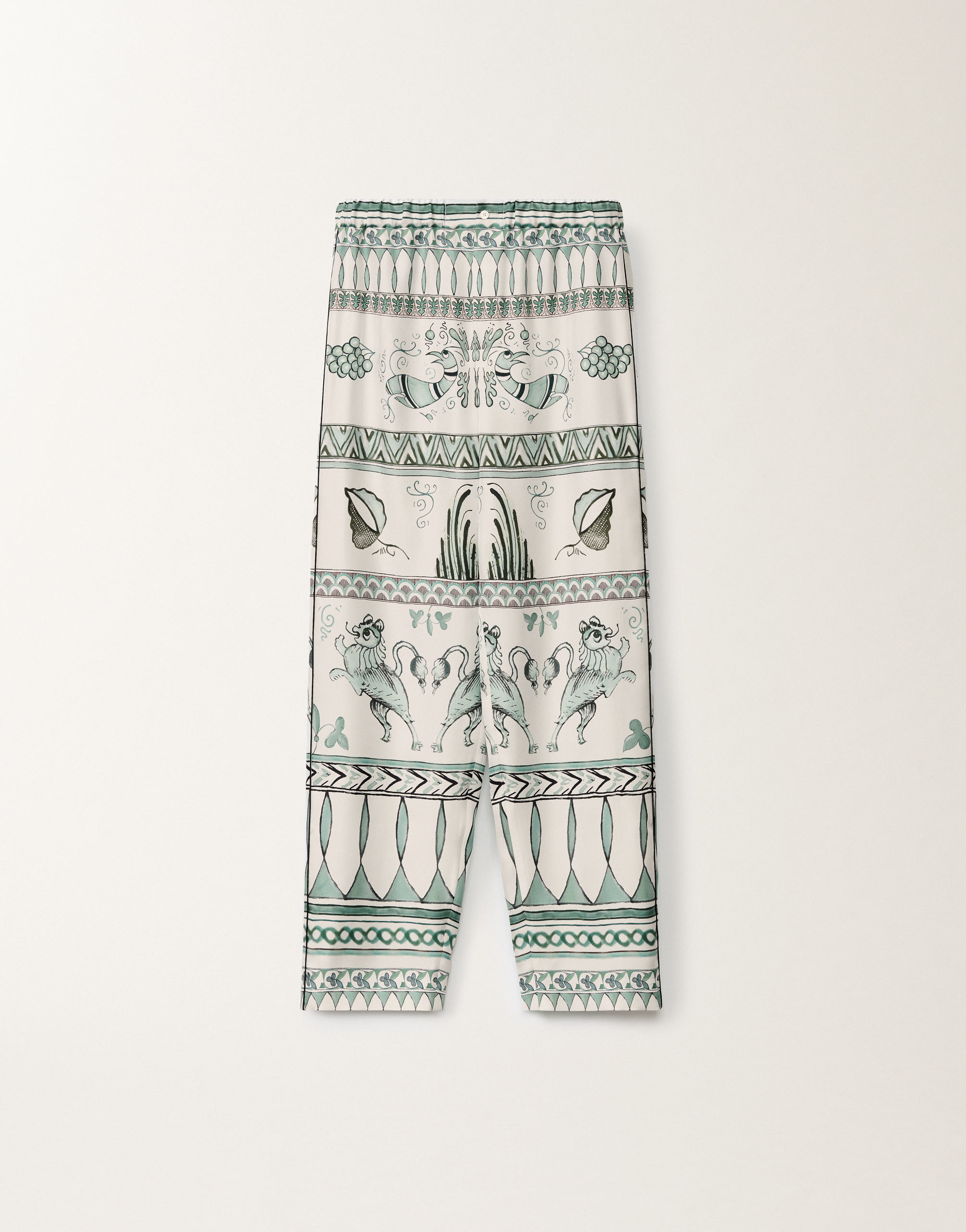Fabiana Filippi Silk Twill Trousers With A Painted Print In White/turquoise/aquagreen