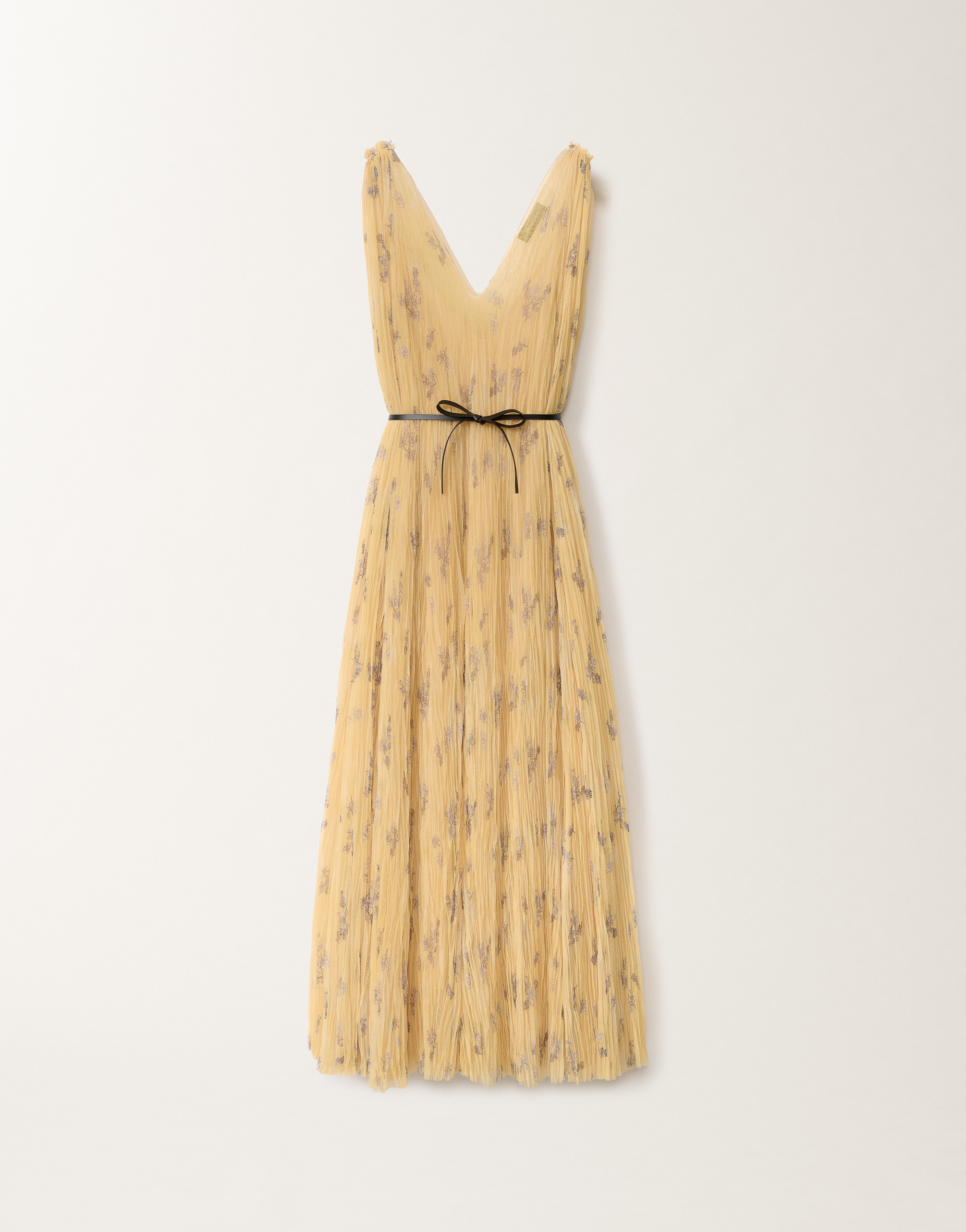Fabiana Filippi Pleated Tulle Dress With Painted Botanical Print In Canary