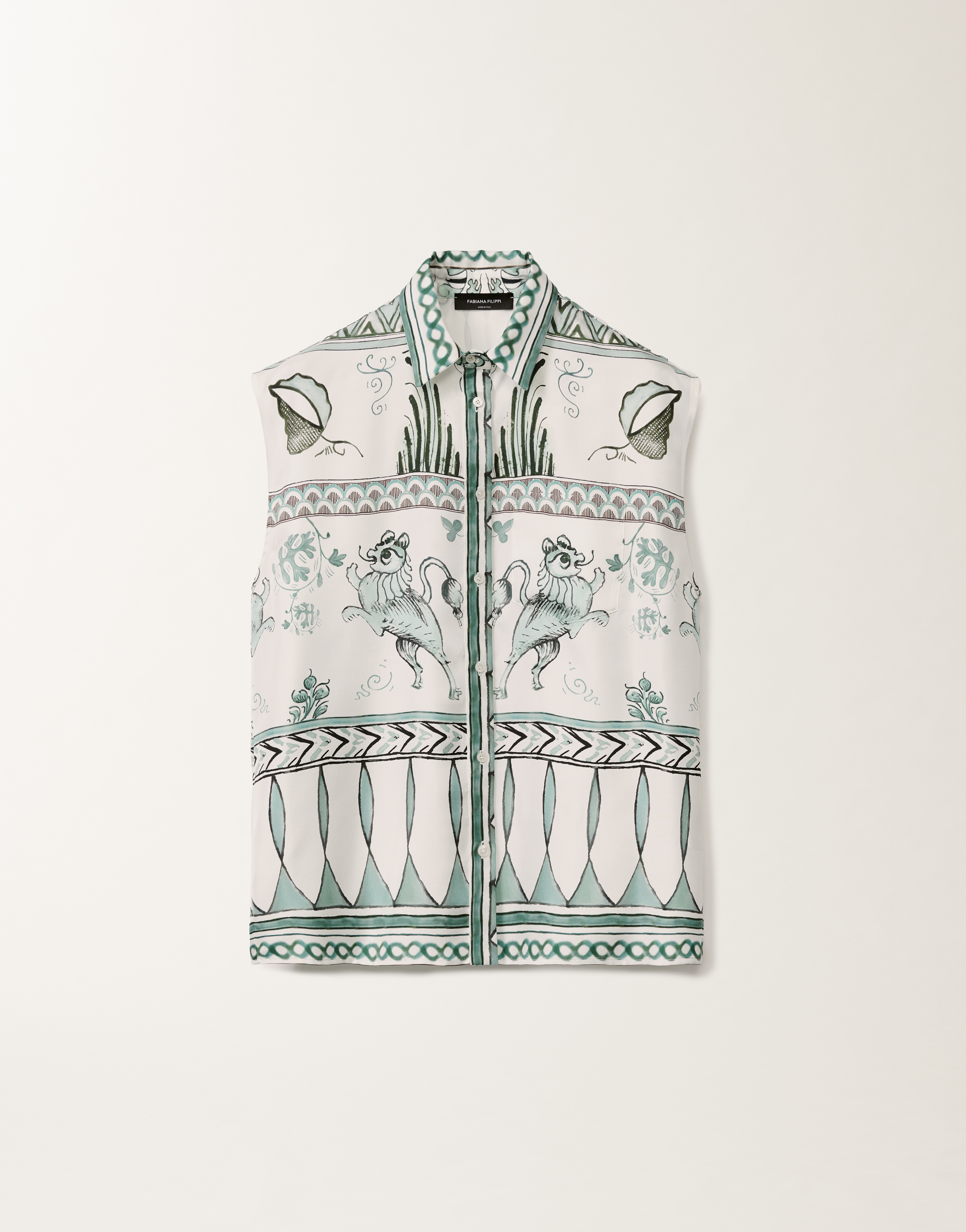 Fabiana Filippi Loose Fit Sleeveless Silk Twill Shirt In White/turquoise/aquagreen