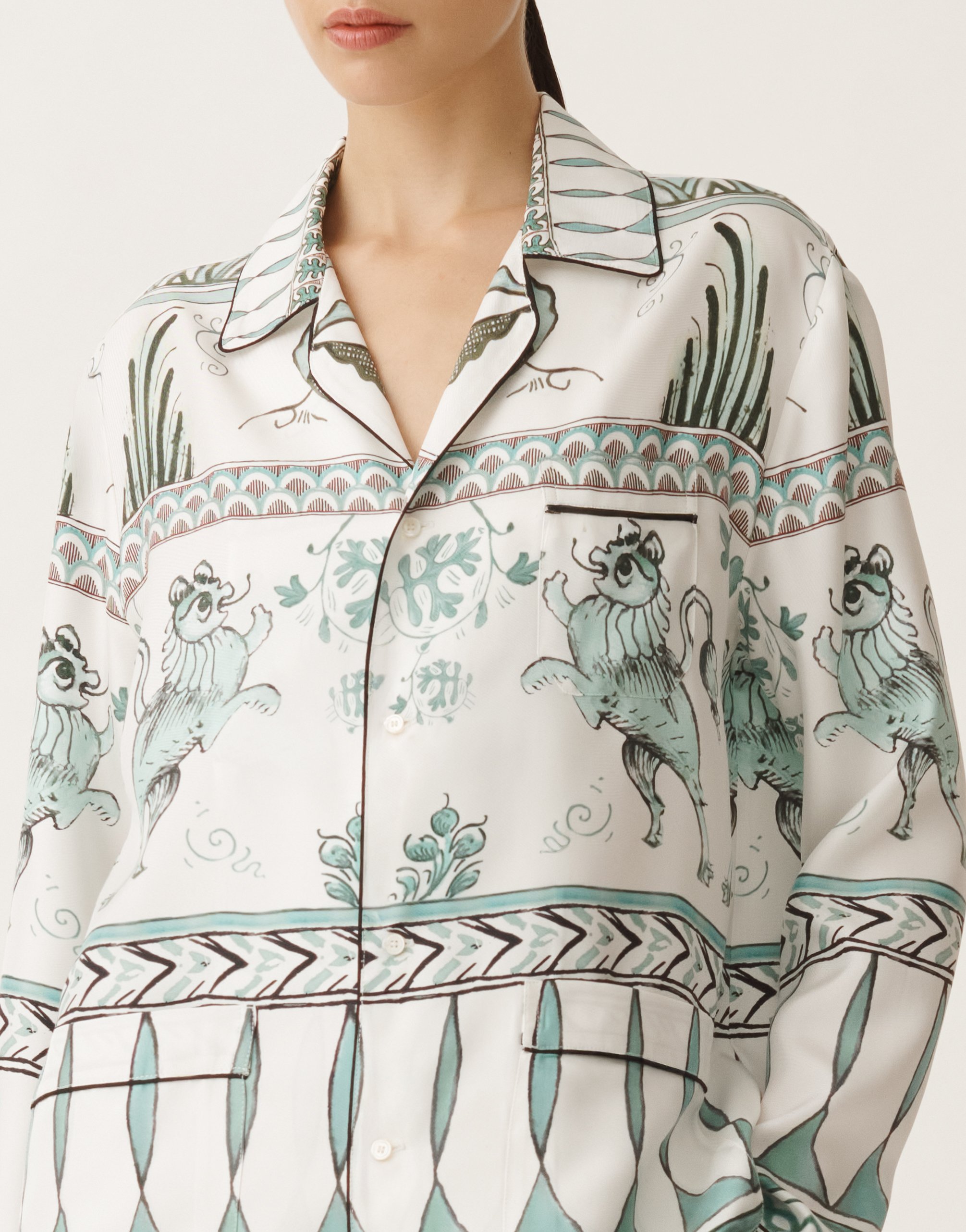 Fabiana Filippi Silk Twill Shirt With Painted Print In White/turquoise/aquagreen