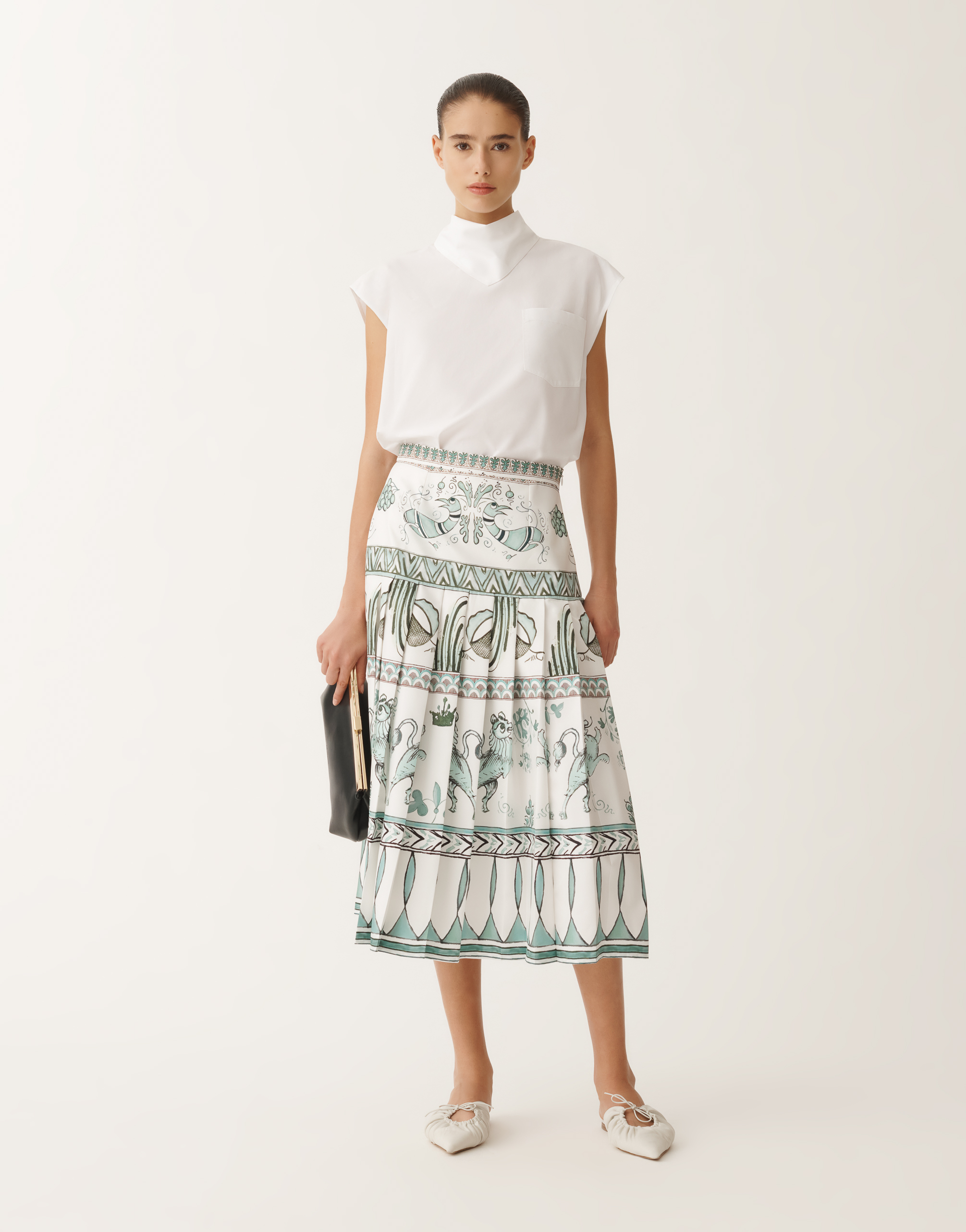 Shop Fabiana Filippi Silk Twill Skirt With Painted Print In White/turquoise/aquagreen