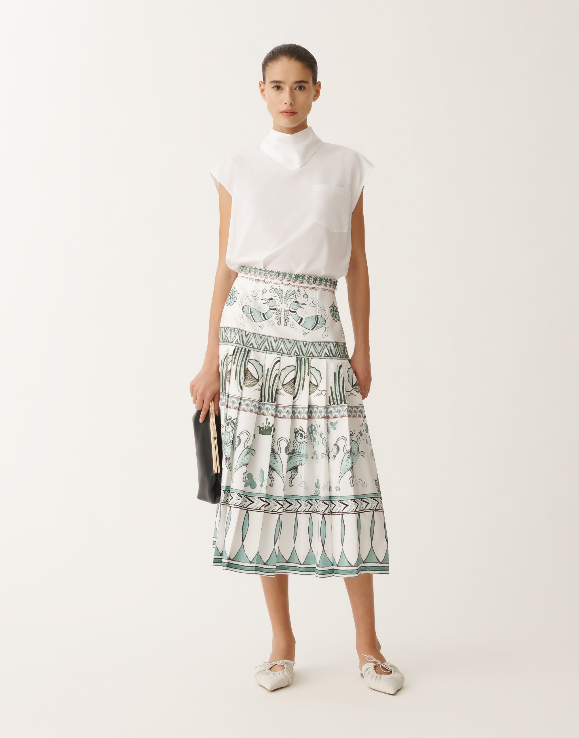 Shop Fabiana Filippi Silk Twill Skirt With Painted Print In White/turquoise/aquagreen