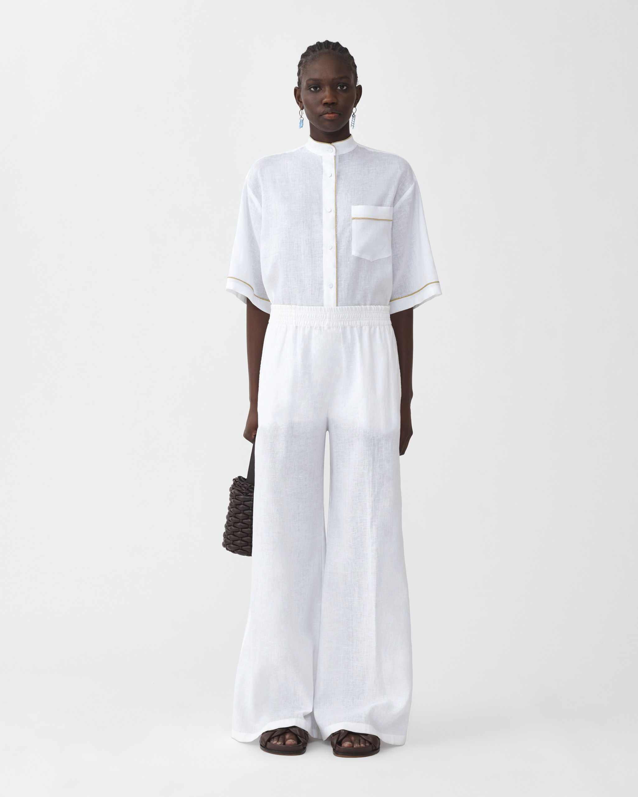 Shop Fabiana Filippi Linen Cloth Wide Leg Trousers With Elastic Waistband In Optical White