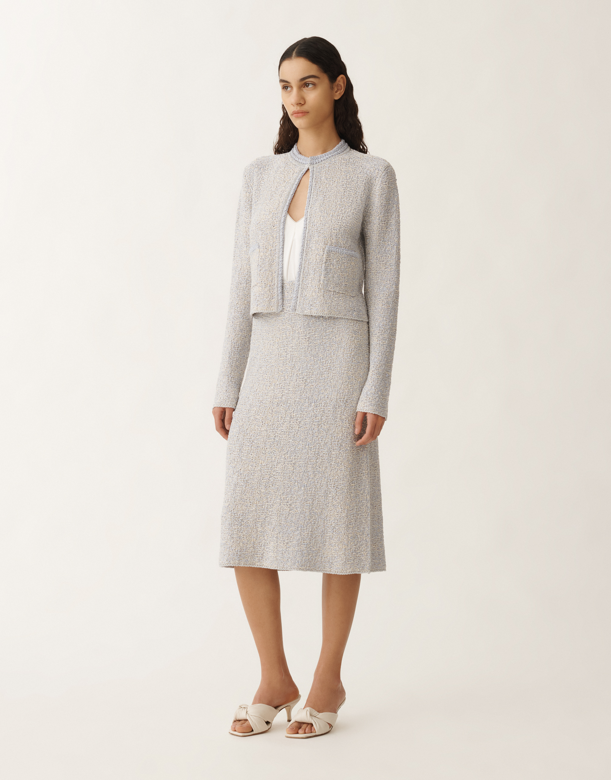 Shop Fabiana Filippi Lurex Knit Tweed Skirt In Vanilla/lavender