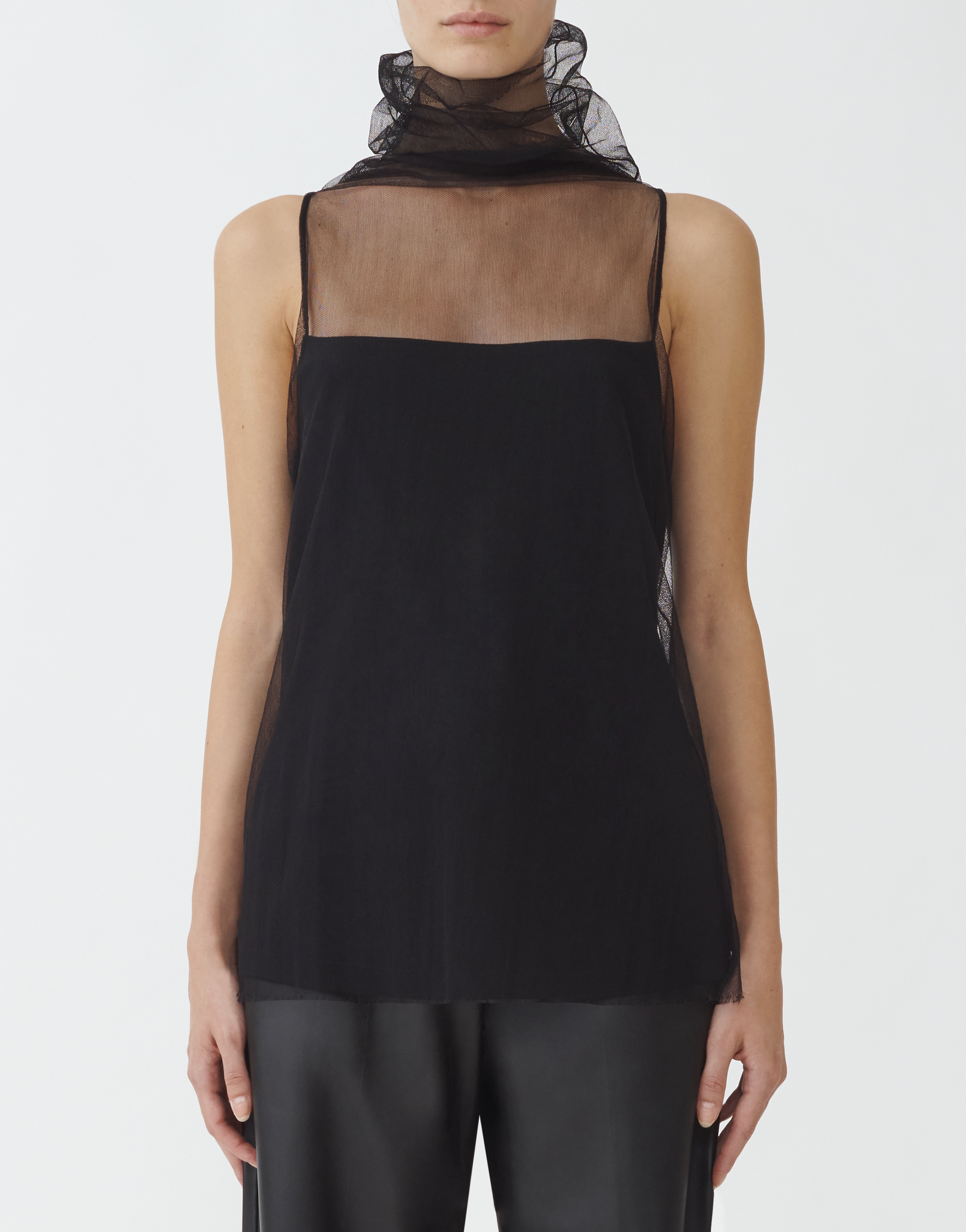 Shop Fabiana Filippi Ribbed Jersey Tank Top With Tulle Top In Black