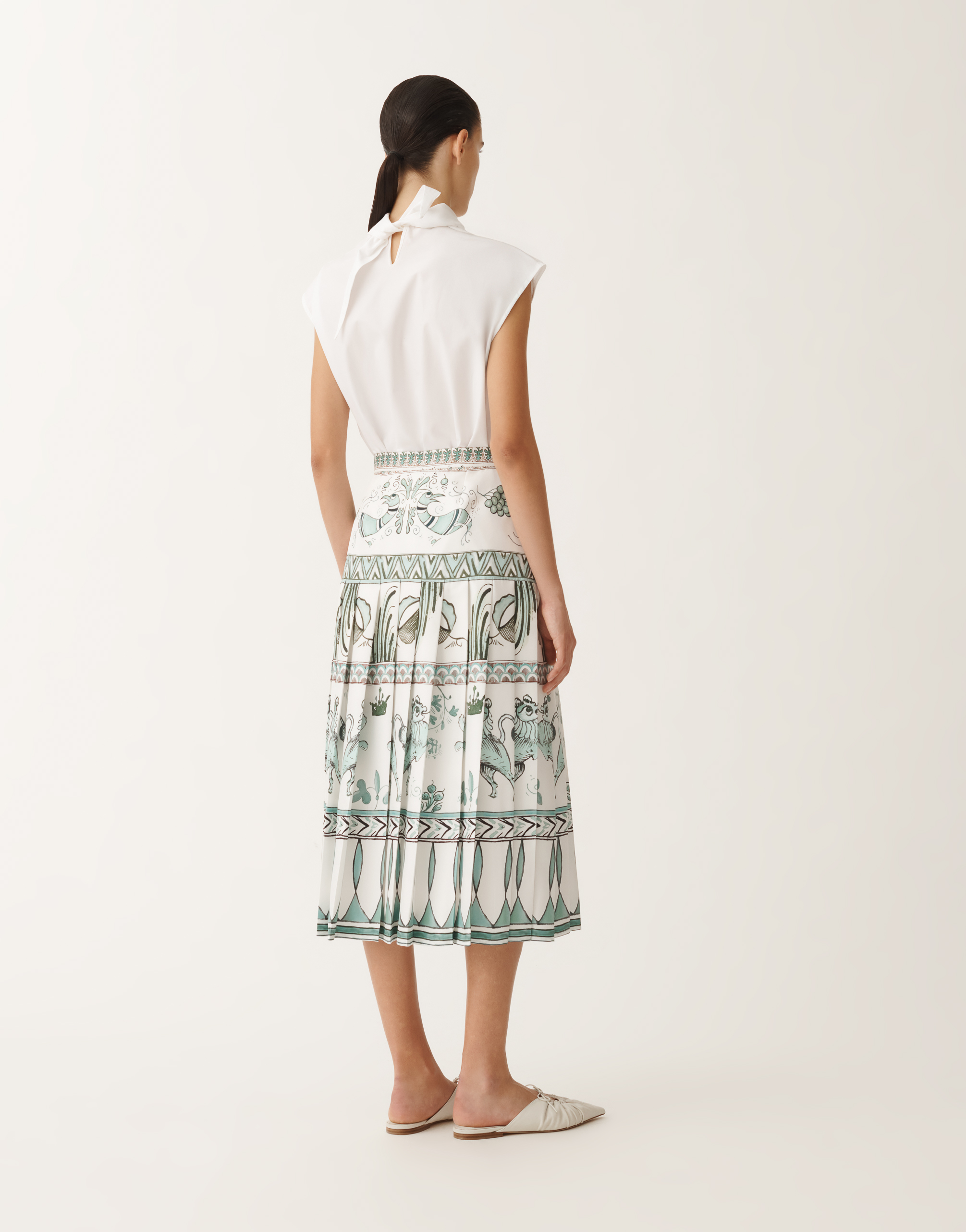 Shop Fabiana Filippi Silk Twill Skirt With Painted Print In White/turquoise/aquagreen