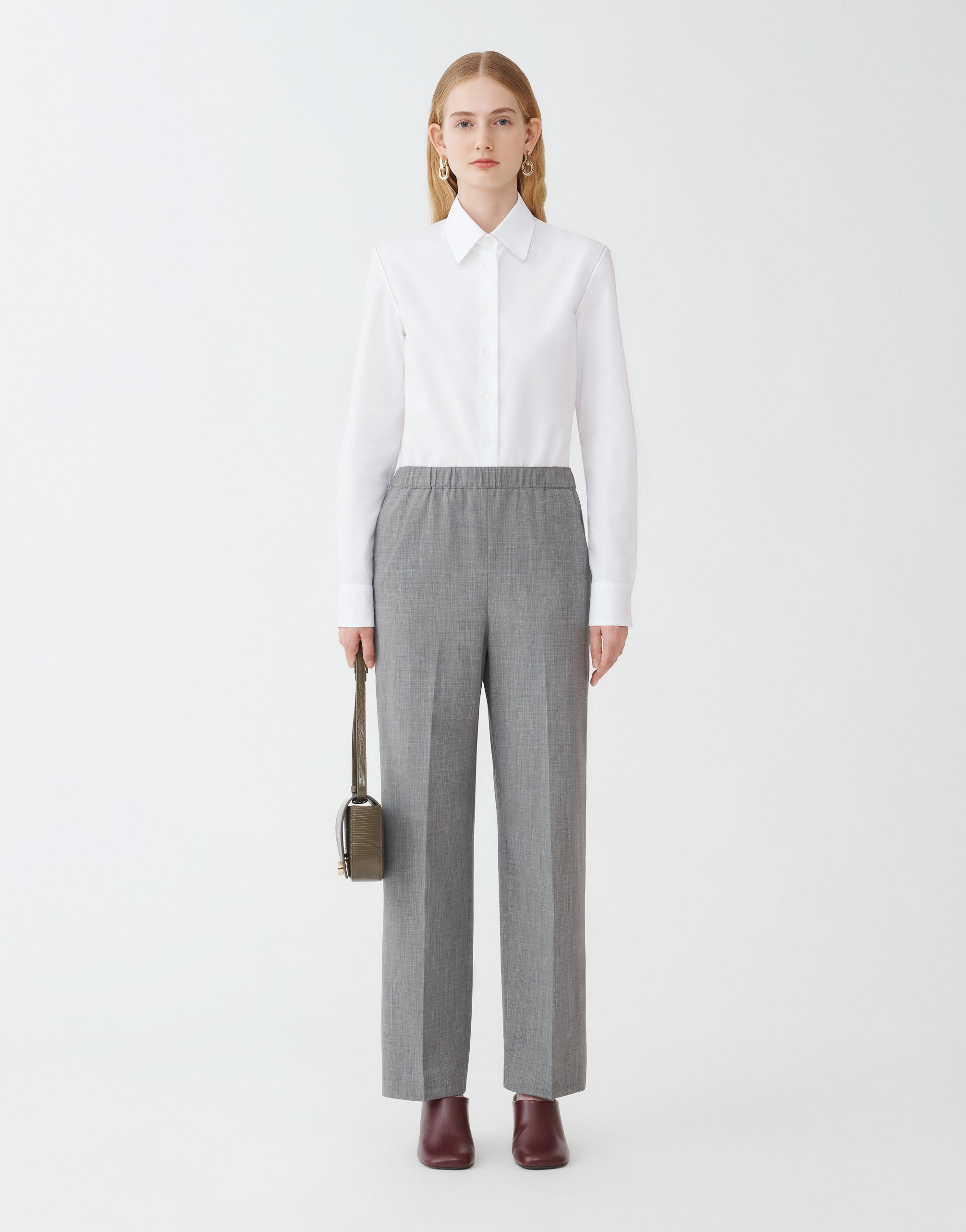 Shop Fabiana Filippi Woolen Fabric Straight Leg Trousers With Elastic Waistband In Melange Rock