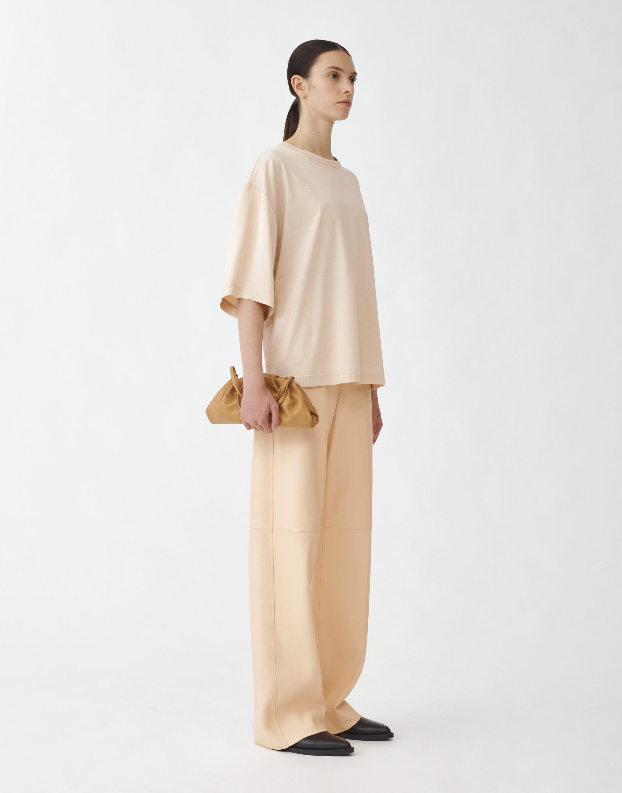 Shop Fabiana Filippi Jersey Crew Neck T-shirt With Satin Back And Sleeve In Dusty Pink