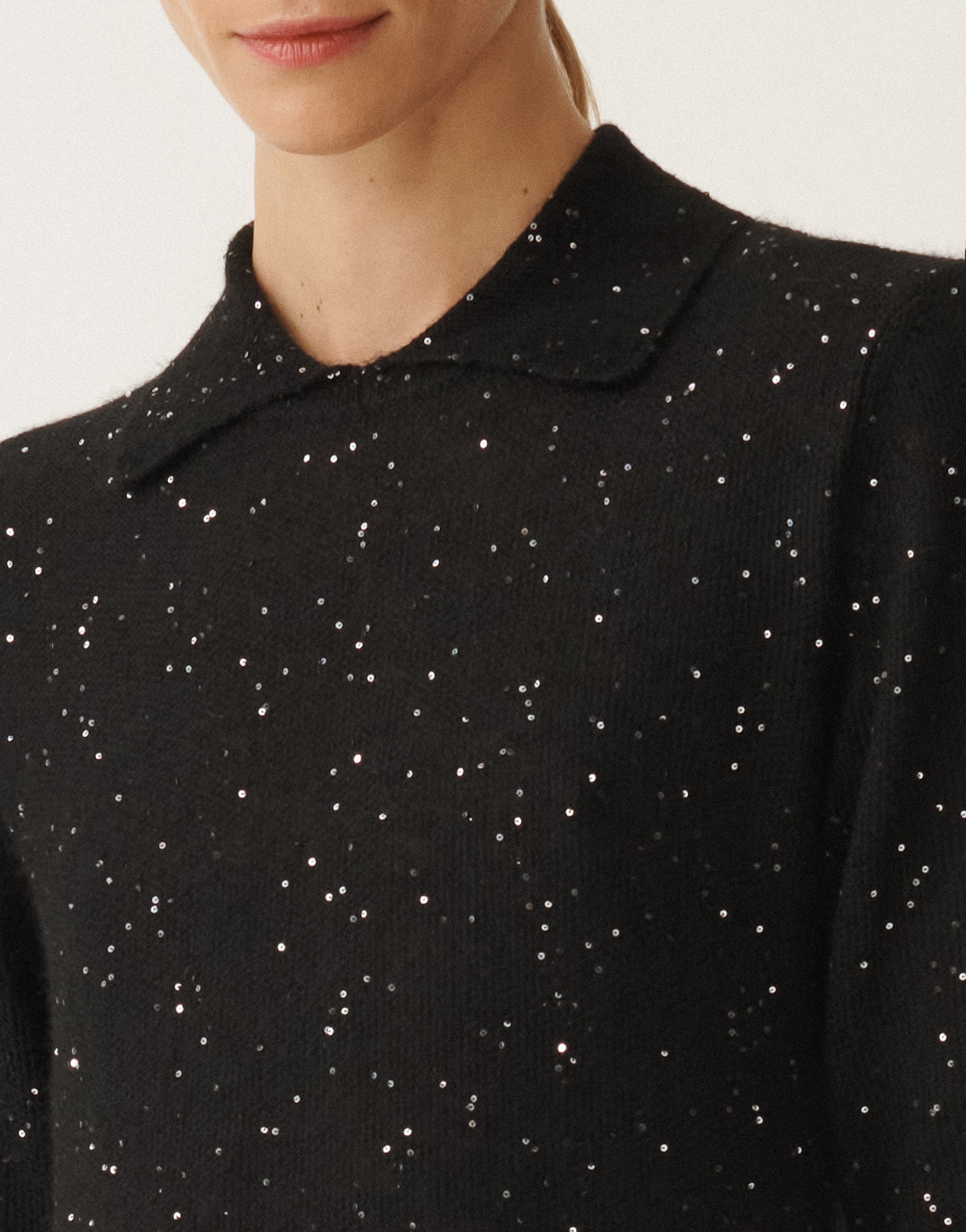 Fabiana Filippi Sequin Soft Mohair Short Sleeve Sweater With Polo Collar In Black
