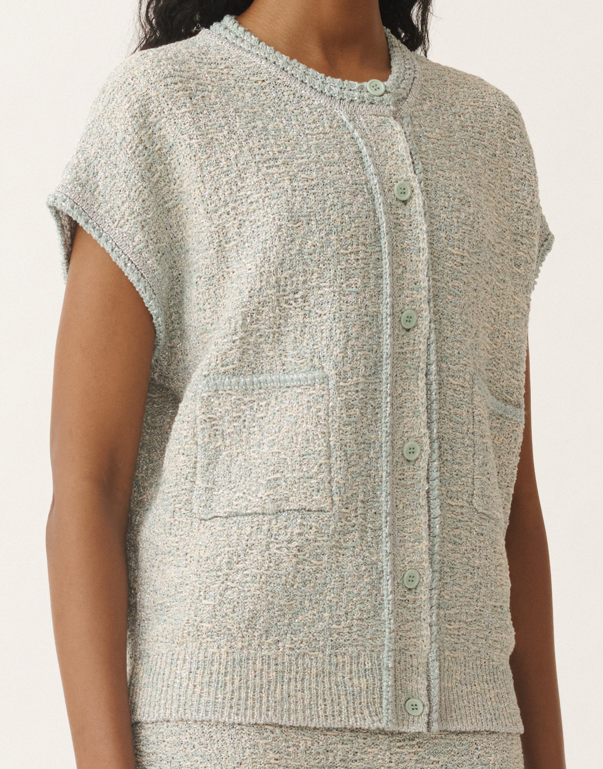 Shop Fabiana Filippi Lurex Knit Tweed Cardigan In Vanilla/aquagreen