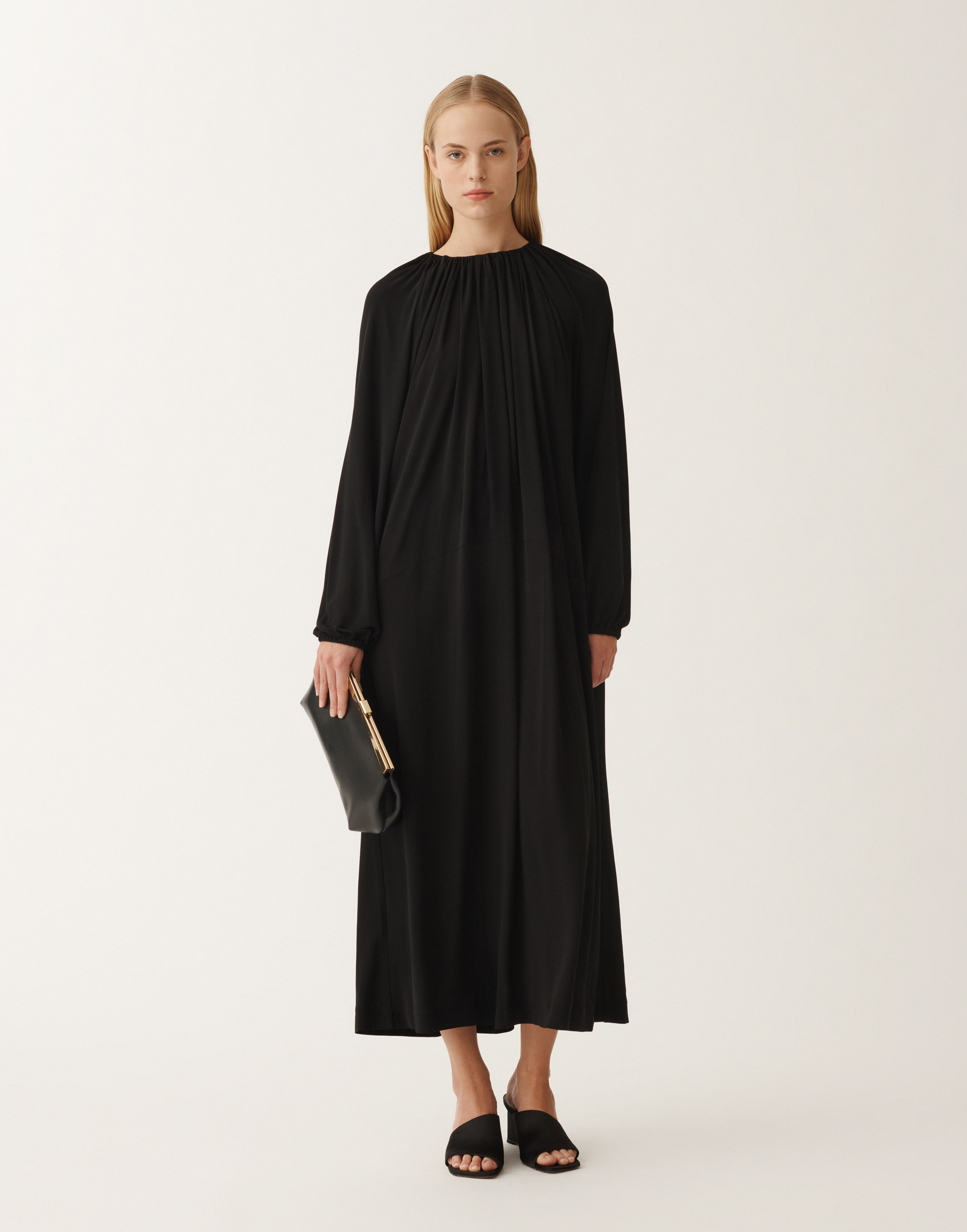 Fabiana Filippi Viscose Jersey Long Sleeve Dress With Draped Collar In Black