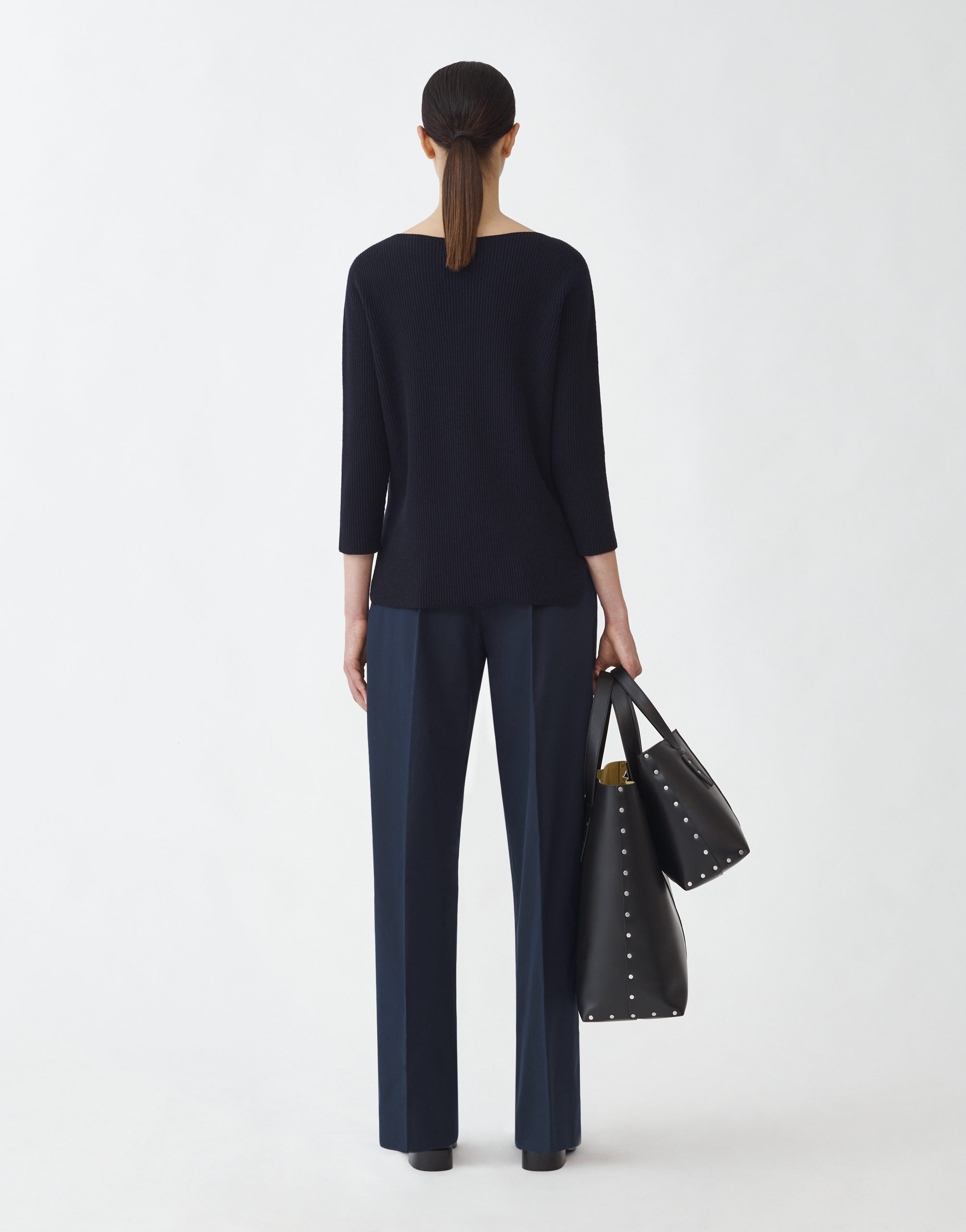 Shop Fabiana Filippi Cotton Wool Ribbed Boatneck Sweater With 3/4 Sleeve In Midnight Blue