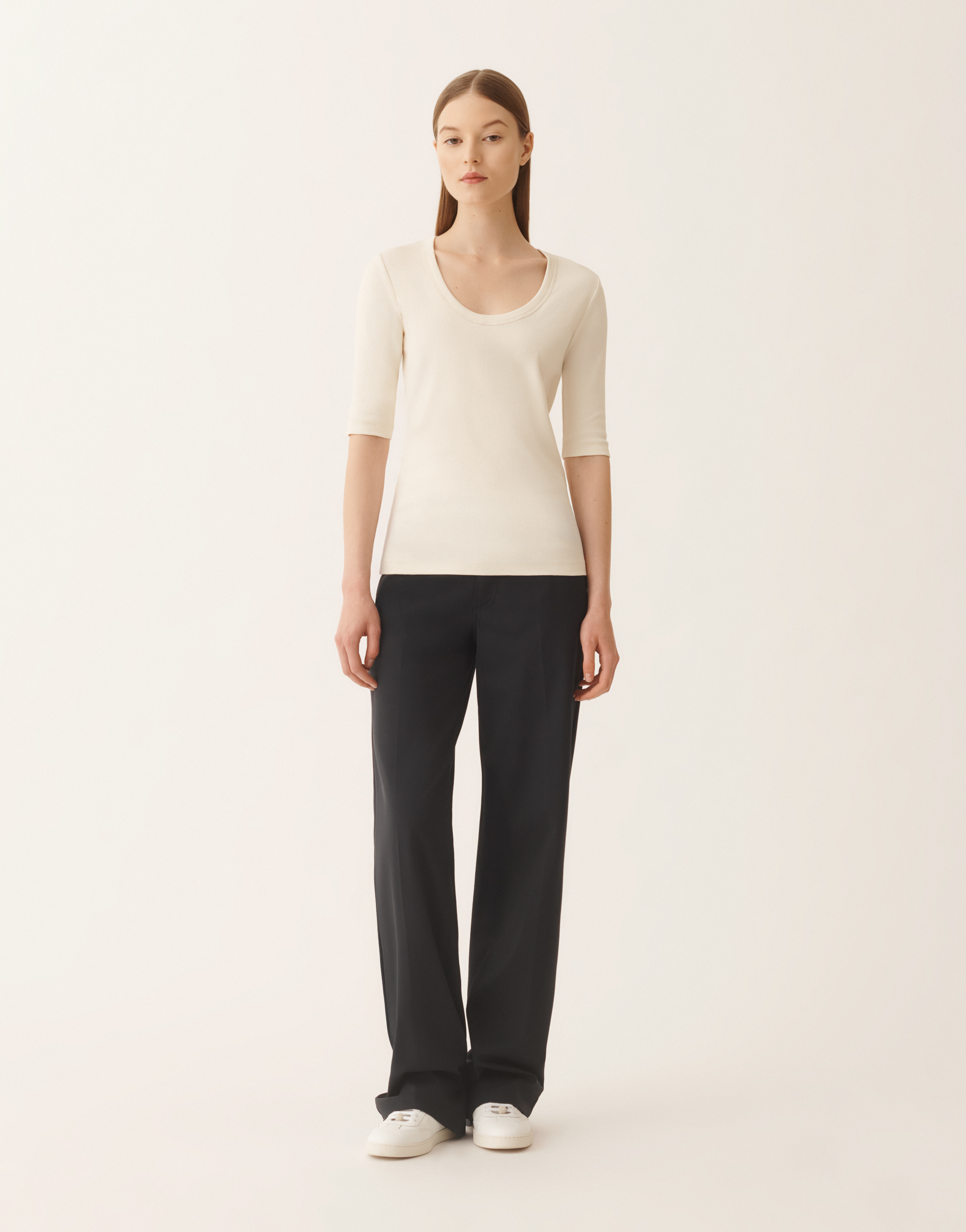 Fabiana Filippi Ribbed Cotton Jersey U Neck T-shirt Filo Diamante Detail In White