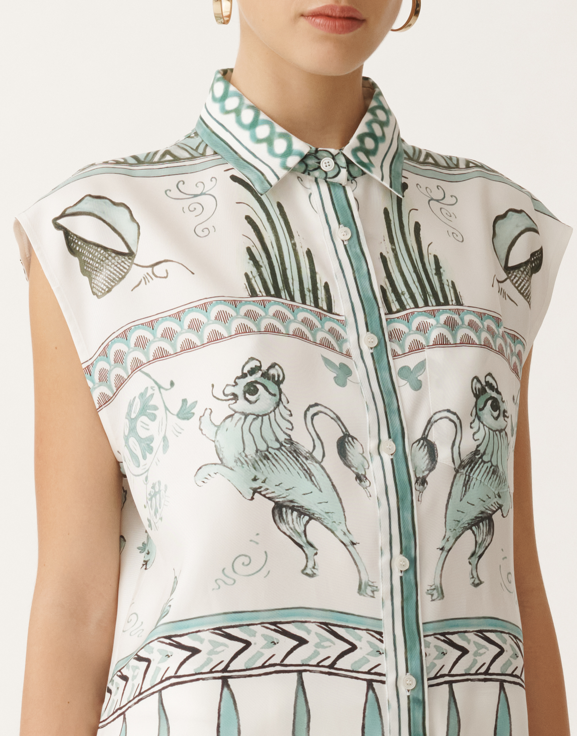 Fabiana Filippi Loose Fit Sleeveless Silk Twill Shirt In White/turquoise/aquagreen