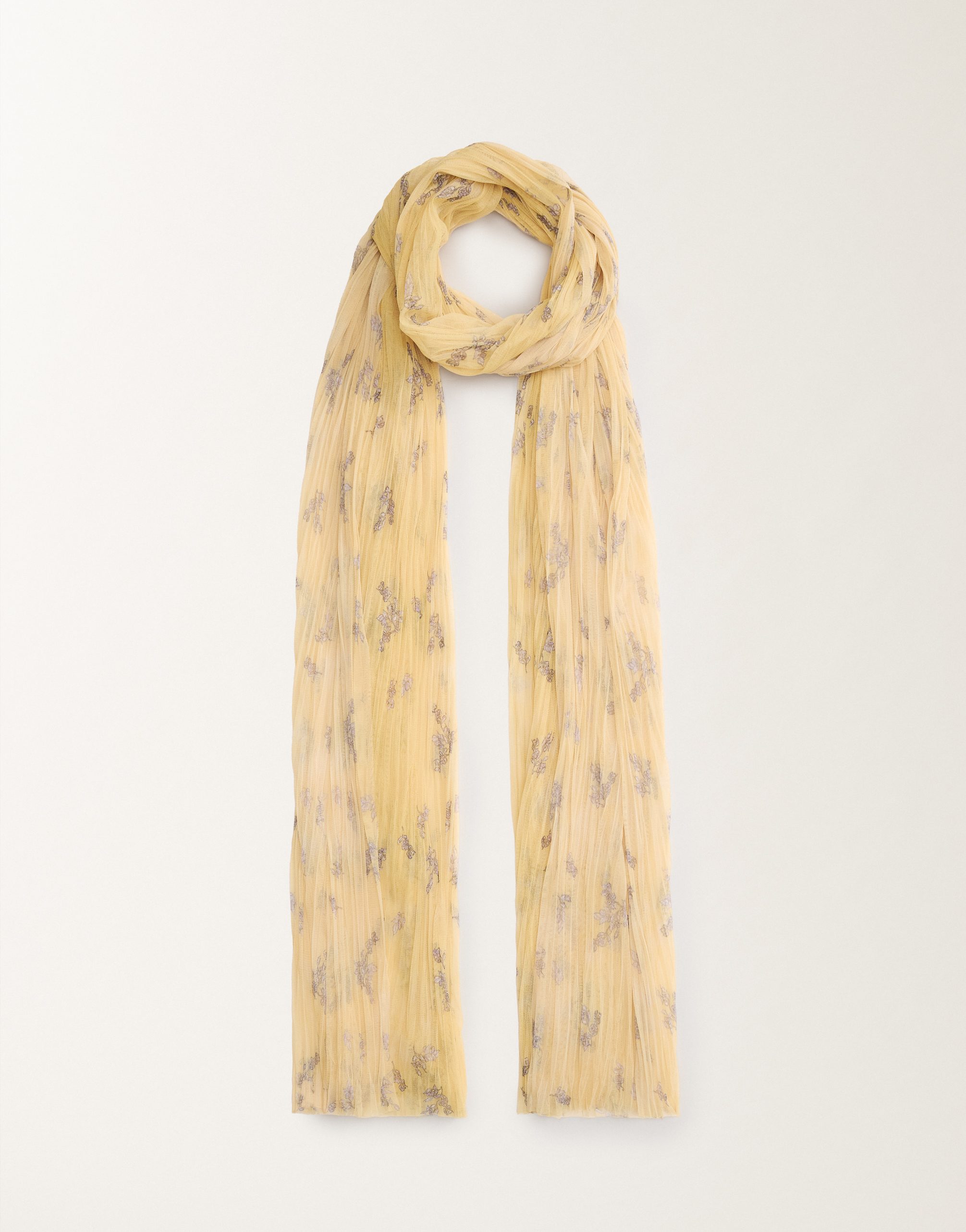 Shop Fabiana Filippi Pleated Tulle Maxi Scarf With Painted Botanical Print In Canary