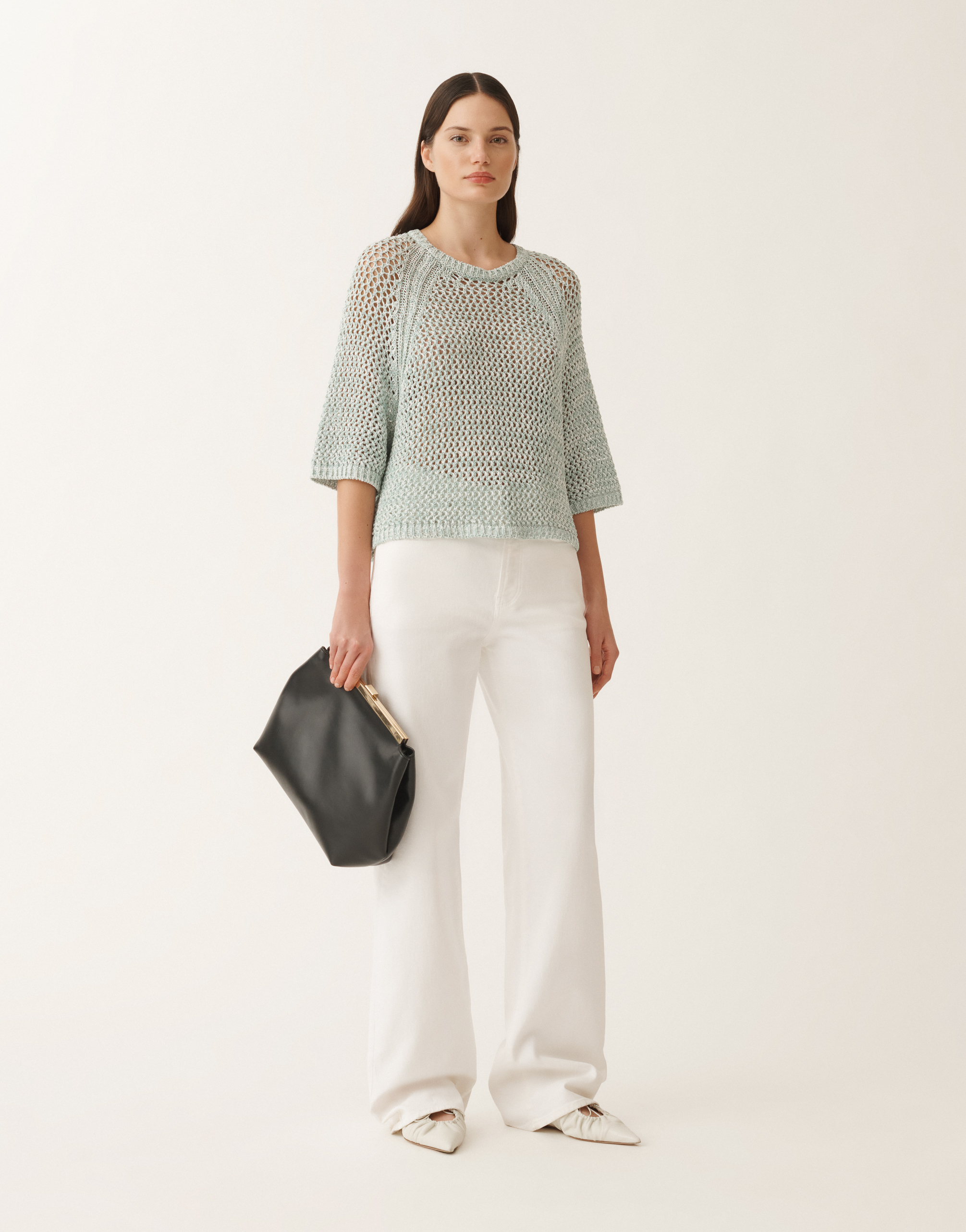 Fabiana Filippi Lightweight Open-knit Round Neck Knitwear In White/aquagreen
