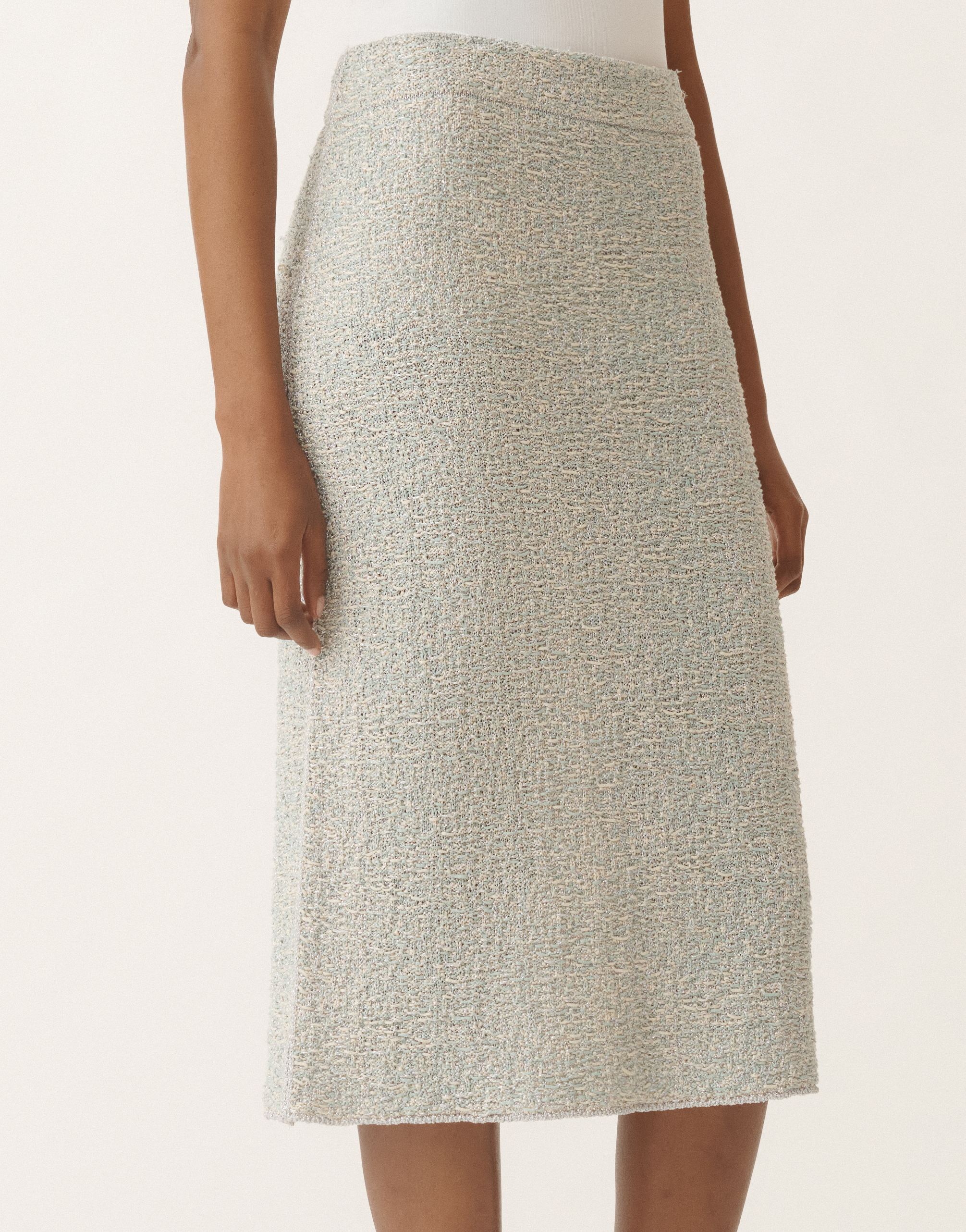 Shop Fabiana Filippi Lurex Knit Tweed Skirt In Vanilla/aquagreen