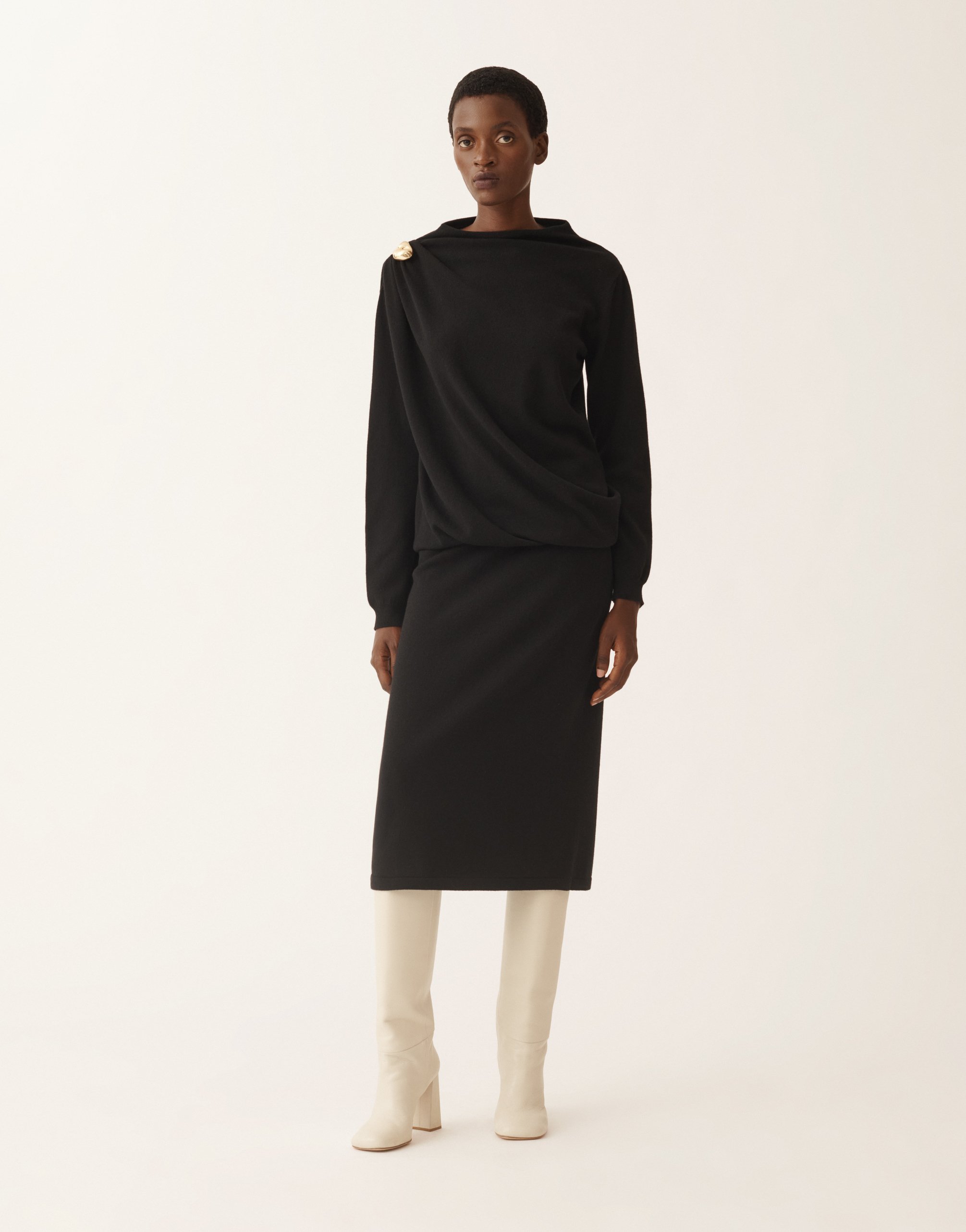 Fabiana Filippi Fitted Midi Dress With Draped Bodice And Gold Detail In Black