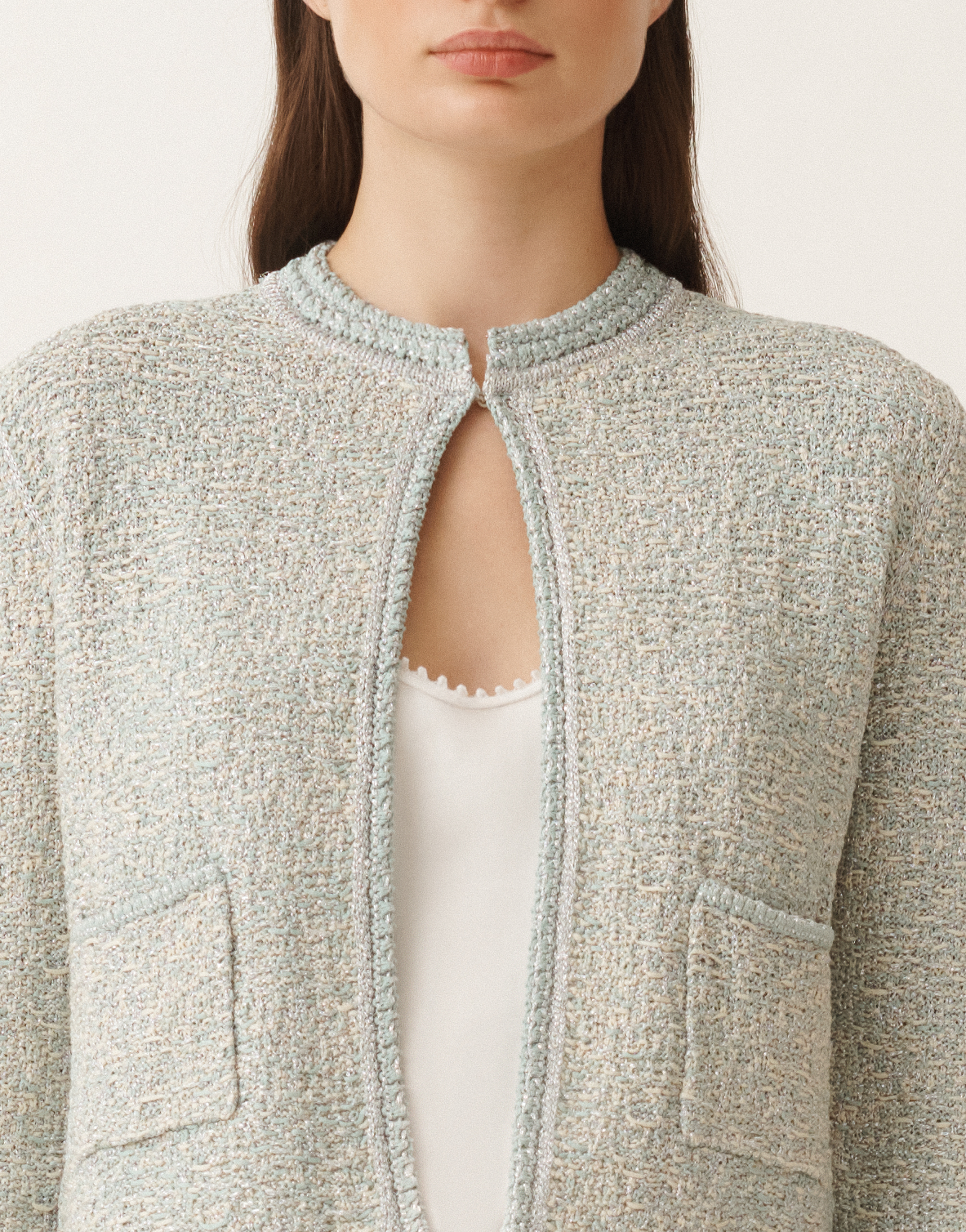 Shop Fabiana Filippi Lurex Knit Tweed Cardigan In Vanilla/aquagreen
