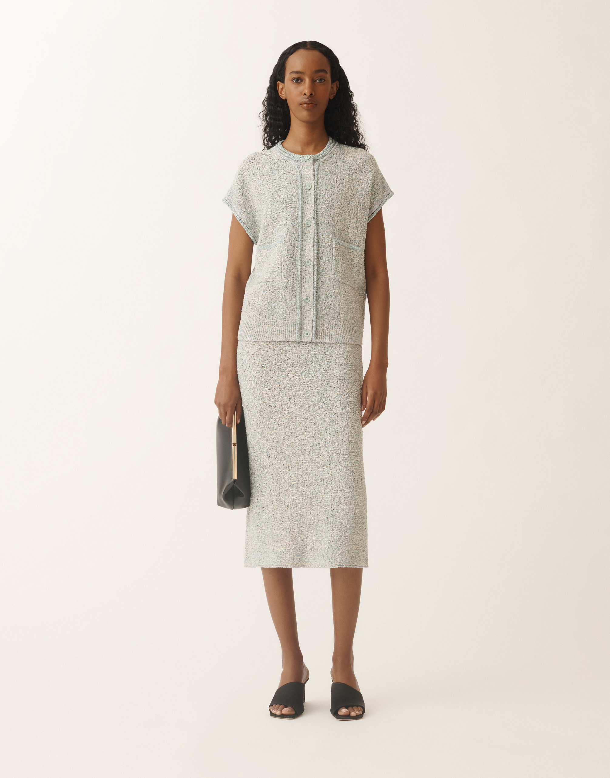 Shop Fabiana Filippi Lurex Knit Tweed Skirt In Vanilla/aquagreen