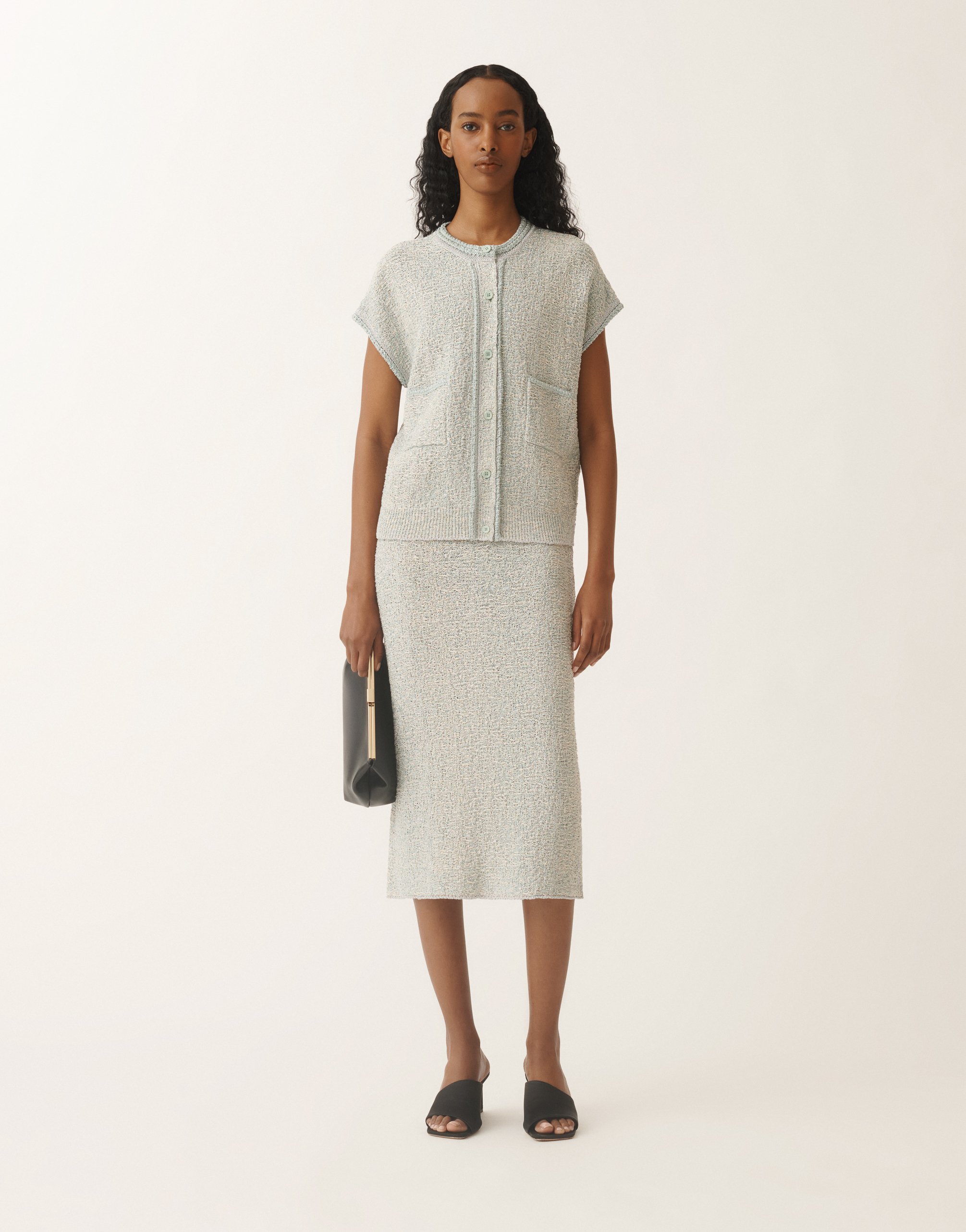 Shop Fabiana Filippi Lurex Knit Tweed Skirt In Vanilla/aquagreen