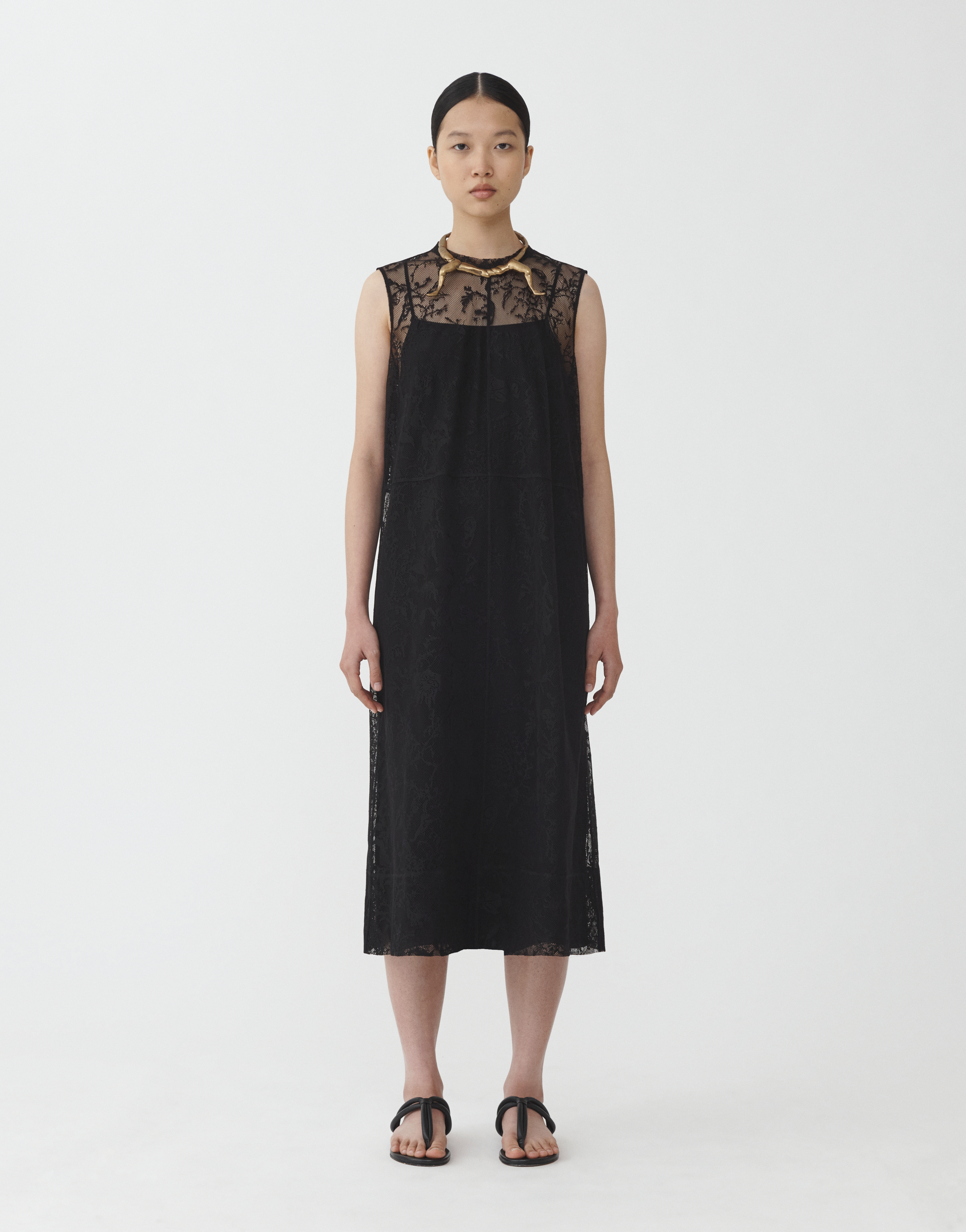 Shop Fabiana Filippi Jacquard Lace Crew Neck Sleeveless Dress In Black