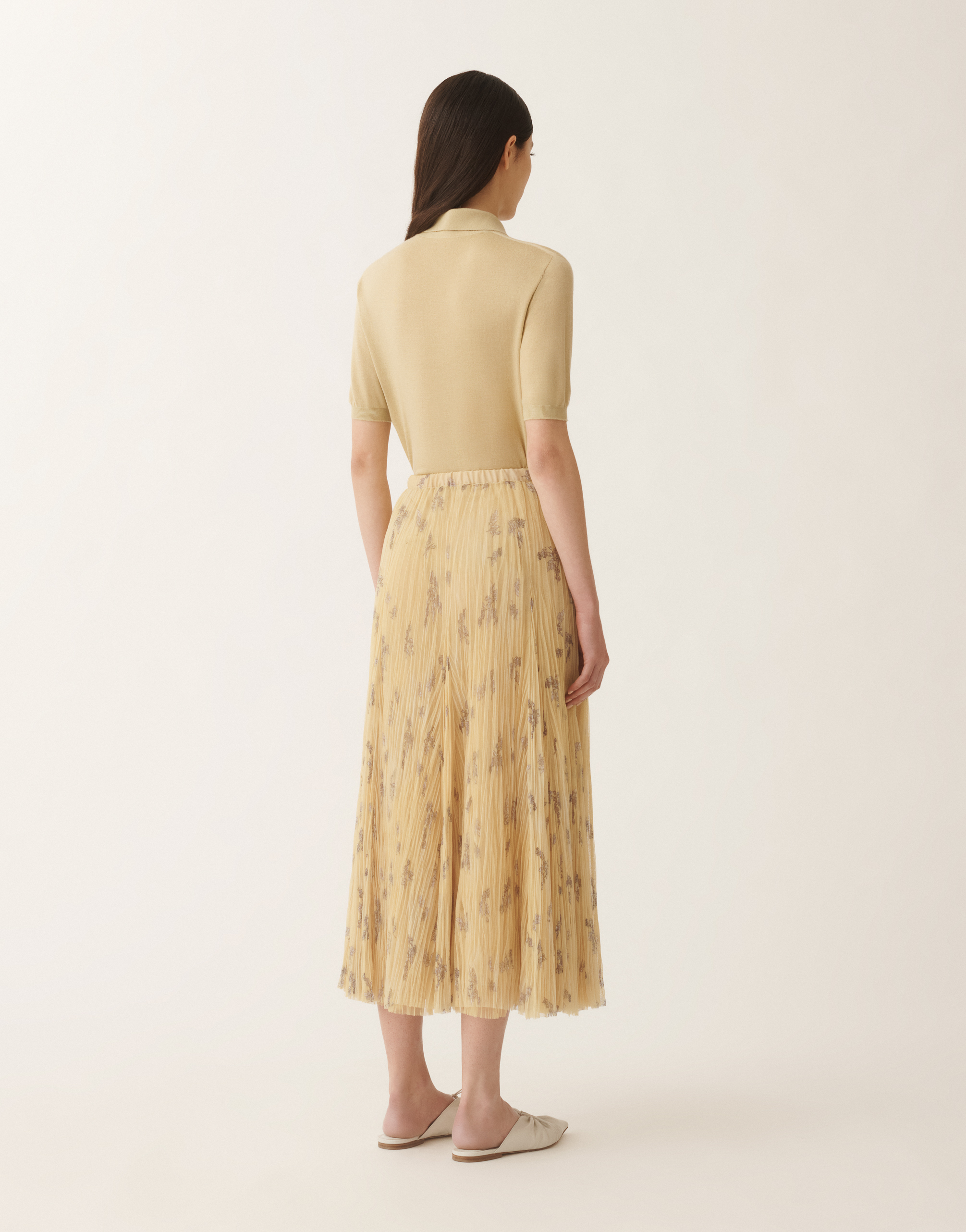 Fabiana Filippi Pleated Tulle Skirt With Painted Botanical Print In Canary