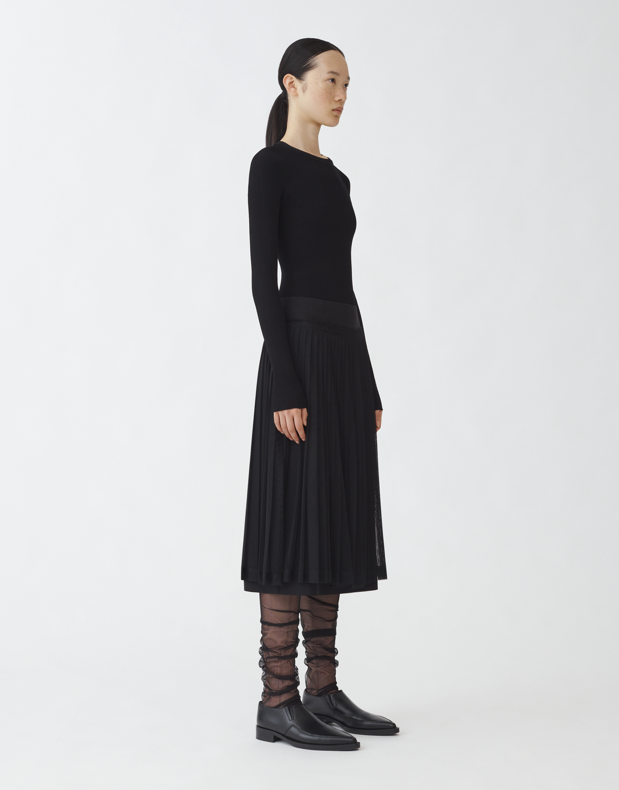 Shop Fabiana Filippi Woolen Pencil Skirt With Pleated Tulle Layer In Black