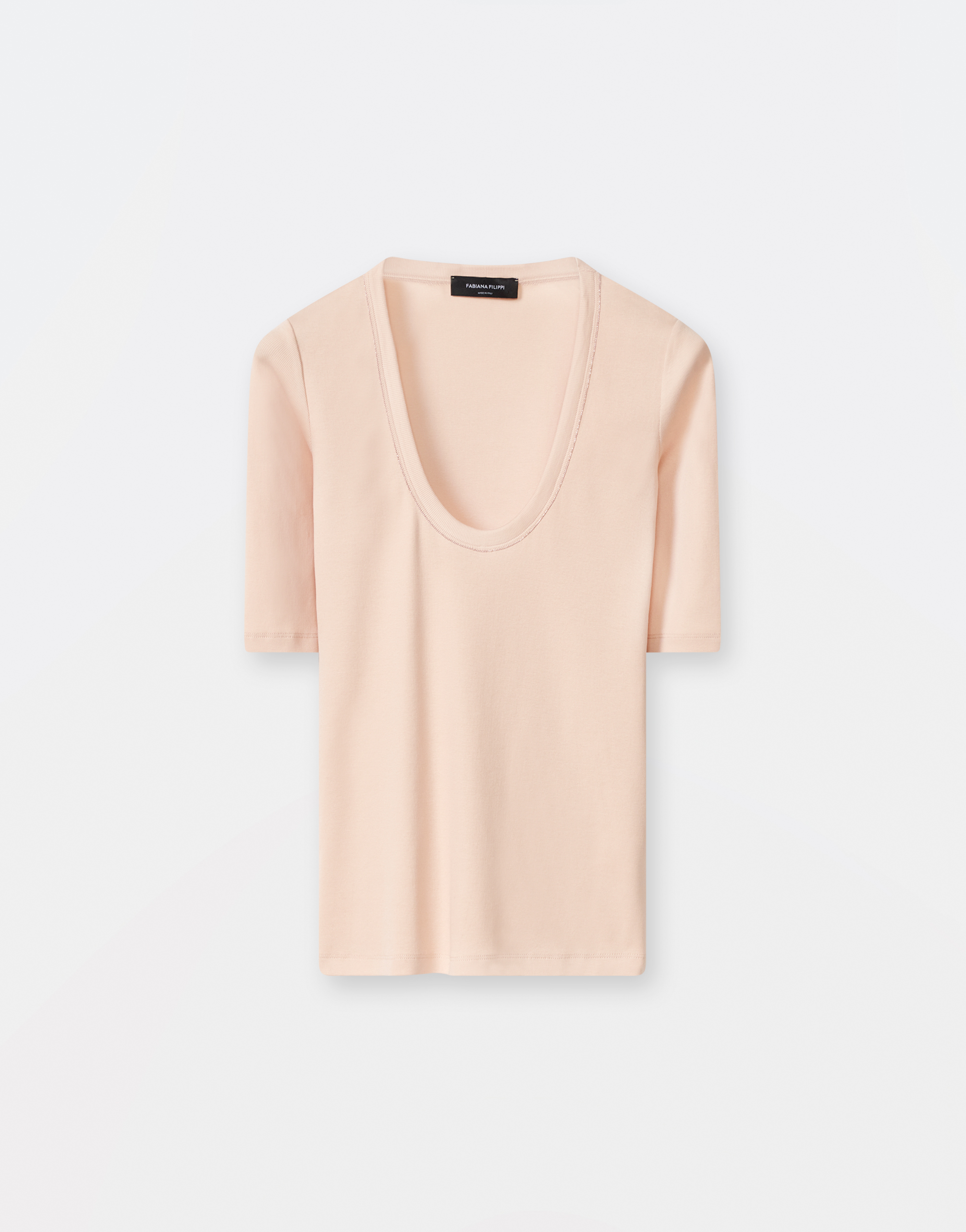 Shop Fabiana Filippi Ribbed Jersey U Neck Short Sleeve T-shirt,diamond-cut Thread In Dusty Pink