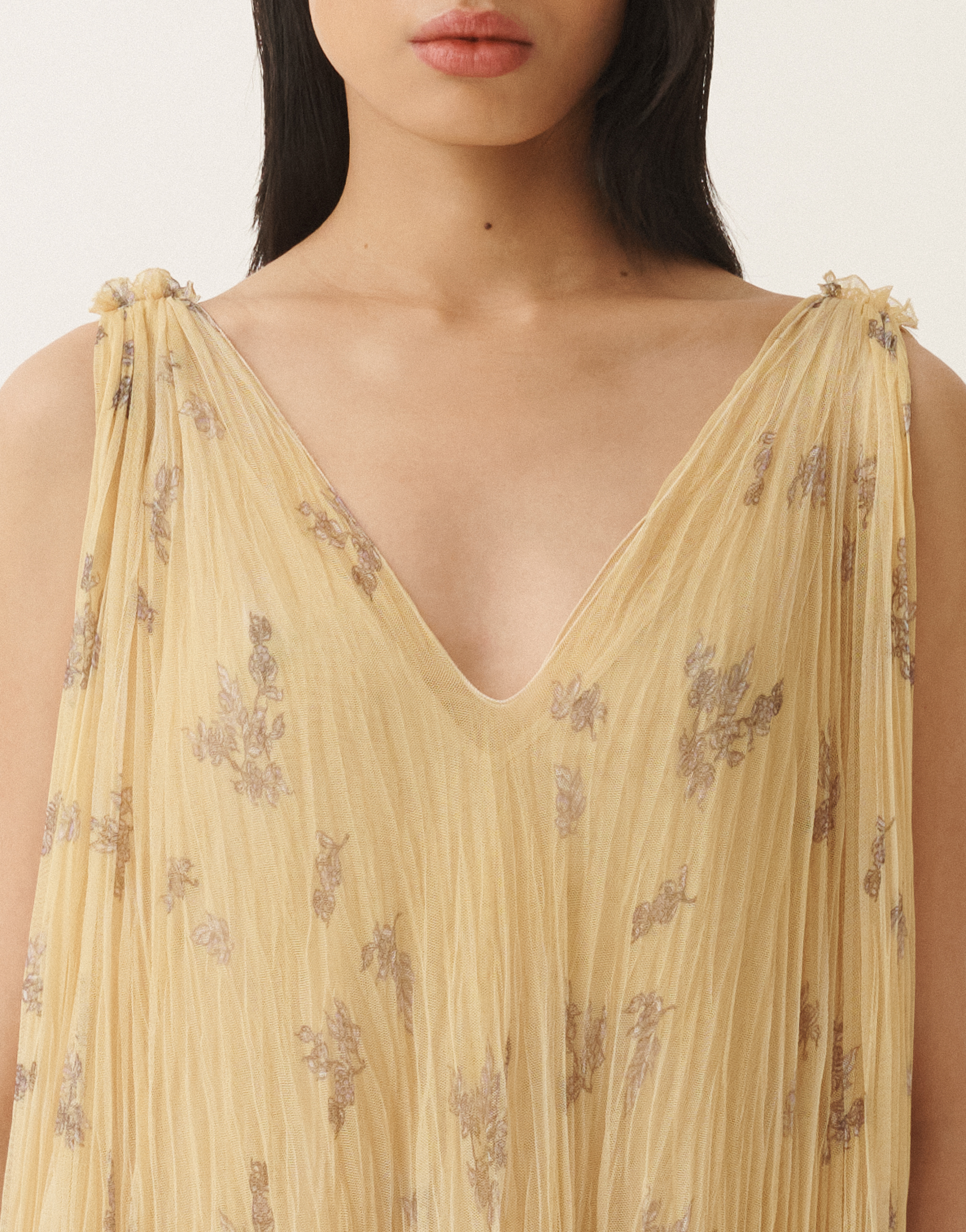 Fabiana Filippi Pleated Tulle Dress With Painted Botanical Print In Canary