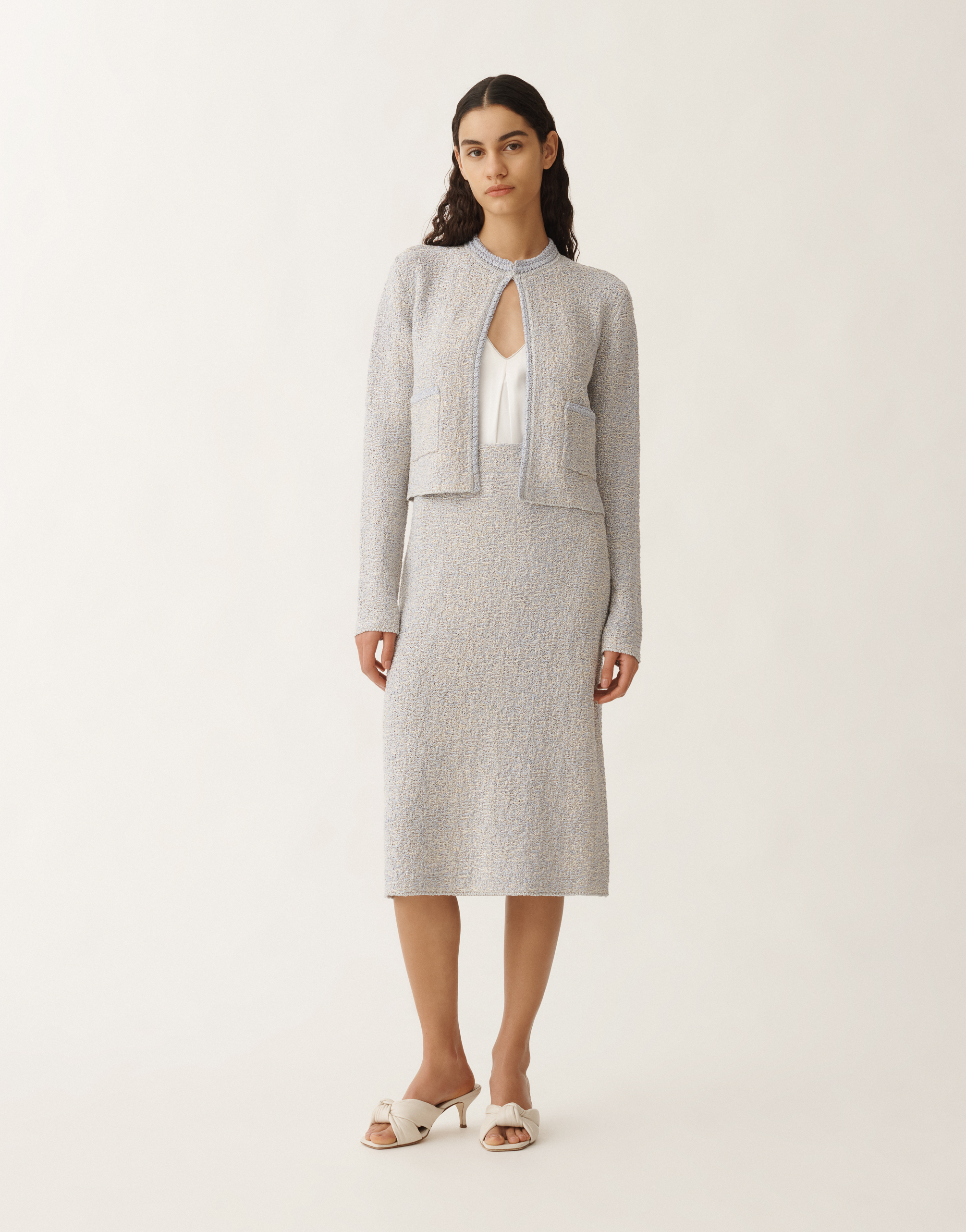 Shop Fabiana Filippi Lurex Knit Tweed Cardigan In Vanilla/lavender